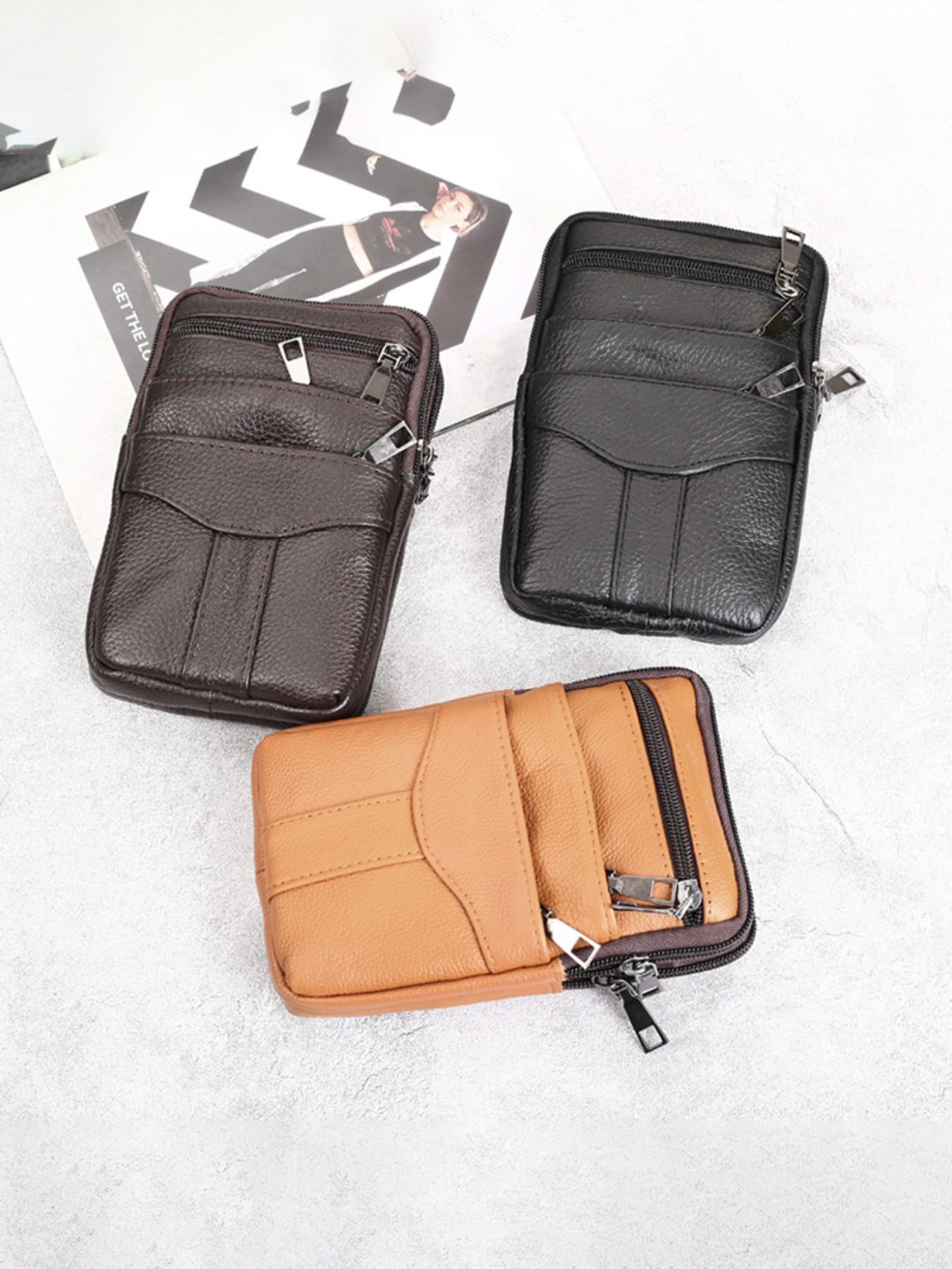 Men's Genuine Leather Phone Waist Bag, Waist Pack, Multi-Zipper Crossbody Belt Pouch, Crossbody Belt Bags, Large Capacity Casual Shoulder Bag, All Seasons Fashion Accessory, Cowhide Belt Bag