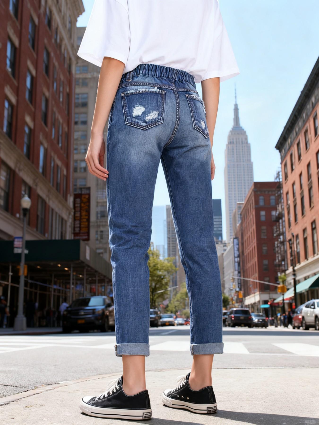 Women's Patch Ripped Distressed Mid-Waist Boyfriend Fit Washed Cute Floral Print Loose Denim Jeans Elastic Waistband Breathable Comfy for All Seasons