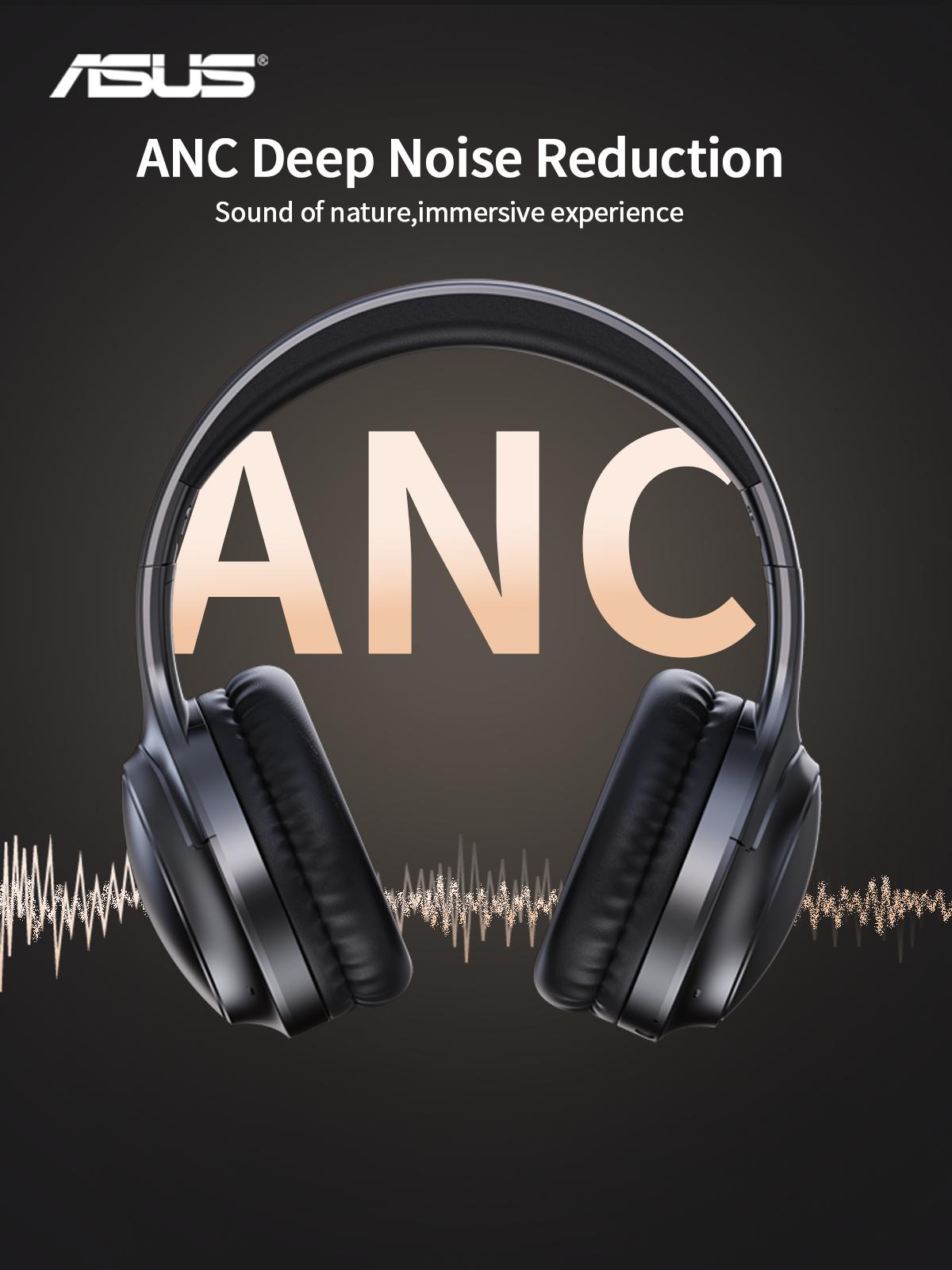 Asus Adjustable ANC Headphones with Built-in Microphone, Foldable Design, 130H Battery Life, Wireless Game Headset for Gaming & PC - Black