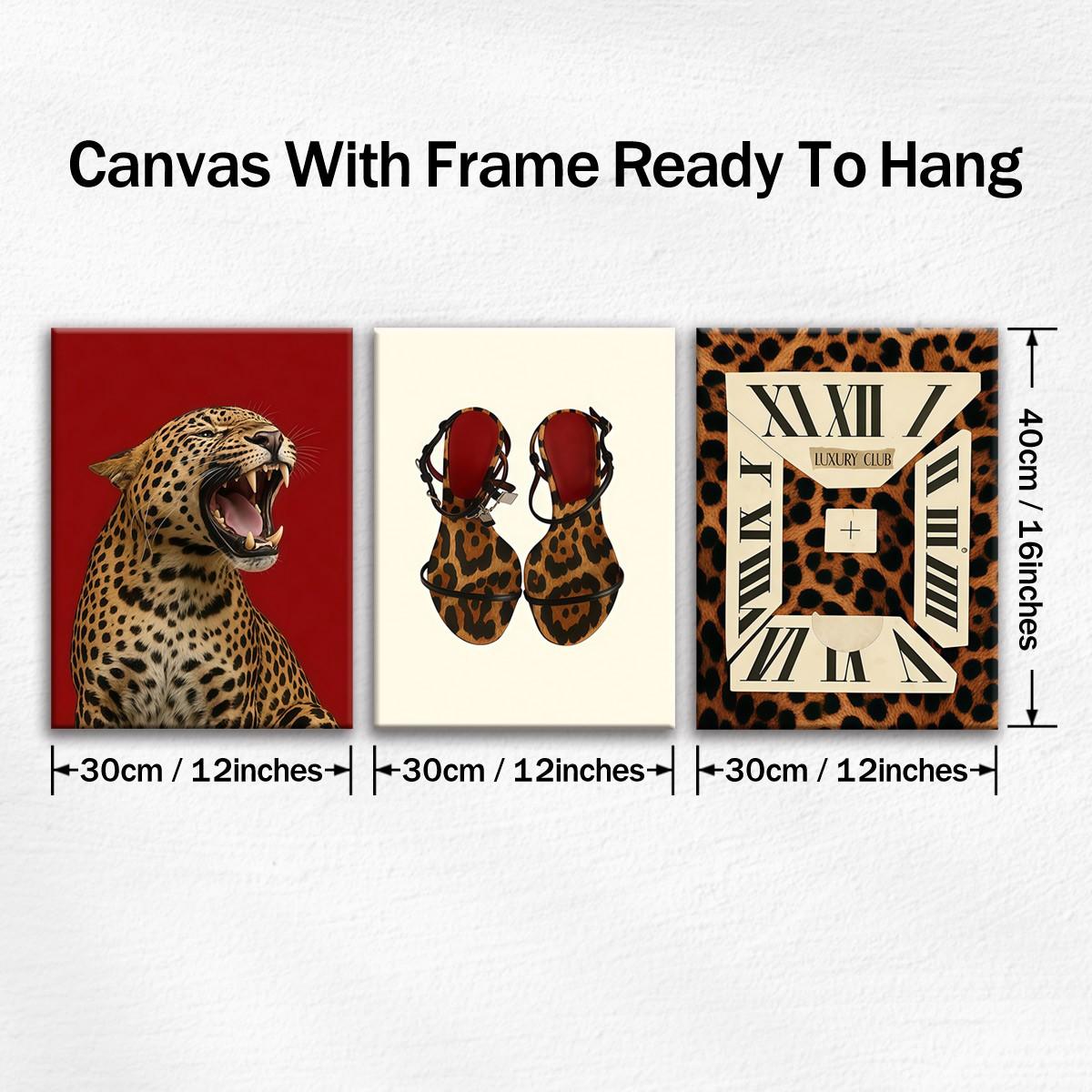 3-Pack Wood Frame Canvas Posters, Vintage Leopard Print High Heels Decor, Modern Living Room Art, Waterproof, Gift Idea