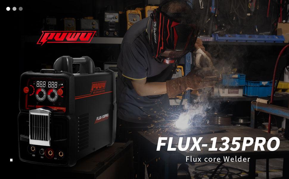 Puwu 135A 110V MIG Welder,Flux Core Welder with Flux MIG/Lift TIG/Stick 3-in-1 IGBT Inverter LED Digital Display Gasless Welder