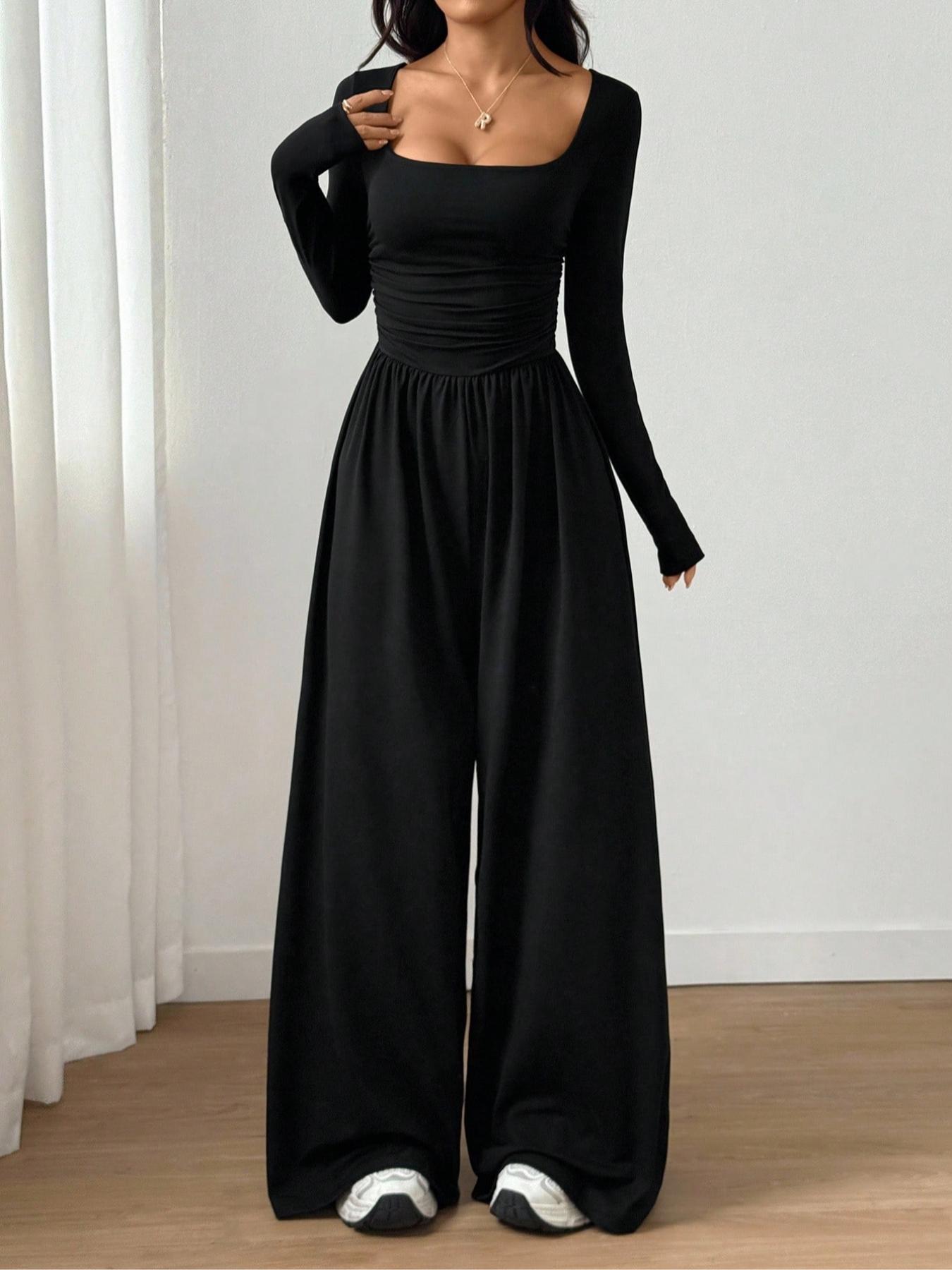 Women's Fall Winter Knit Fitted Wide Leg Jumpsuit, Casual Fashion Plain Color Round Neck One-Piece, Versatile Long Sleeve Romper