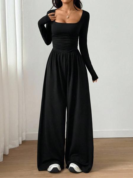 Women's Fall Winter Knit Wide Leg Jumpsuit, Casual Fashion Plain Color Round Neck One-Piece, Versatile Long Sleeve Romper