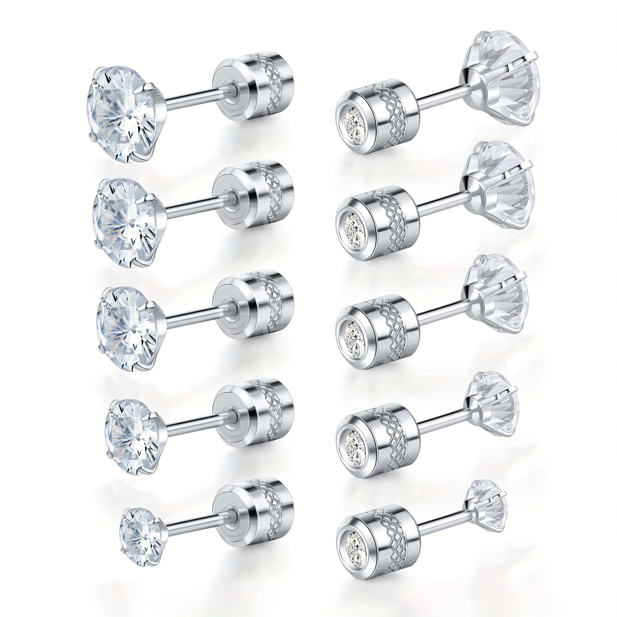 GEMSME Hypoallergenic 5 Pairs 316L Stainless Steel Screw Flat Back Earrings Cubic Zirconia Stud Earrings Titanium Earrings for Women Men E-TG3-7