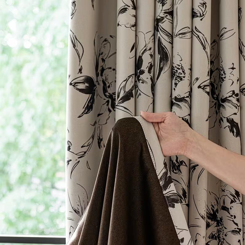 1pc New Traditional Ink Floral Drapes, High Light Blocking, Modern Style, Living Room Bedroom Privacy Decor Curtains, Single Piece