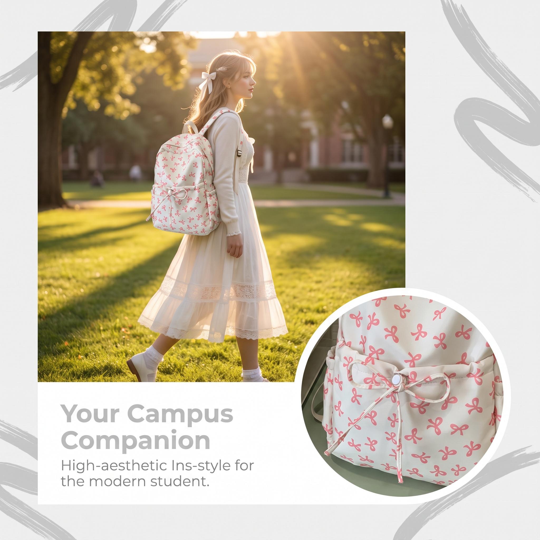 Geometric Bowknot Backpack with Nylon Shell, Japanese Aesthetic Cute Style, Adjustable Fit, 20-35L Lightweight School/Travel Bag for College Students tiktokshopbacktoschool