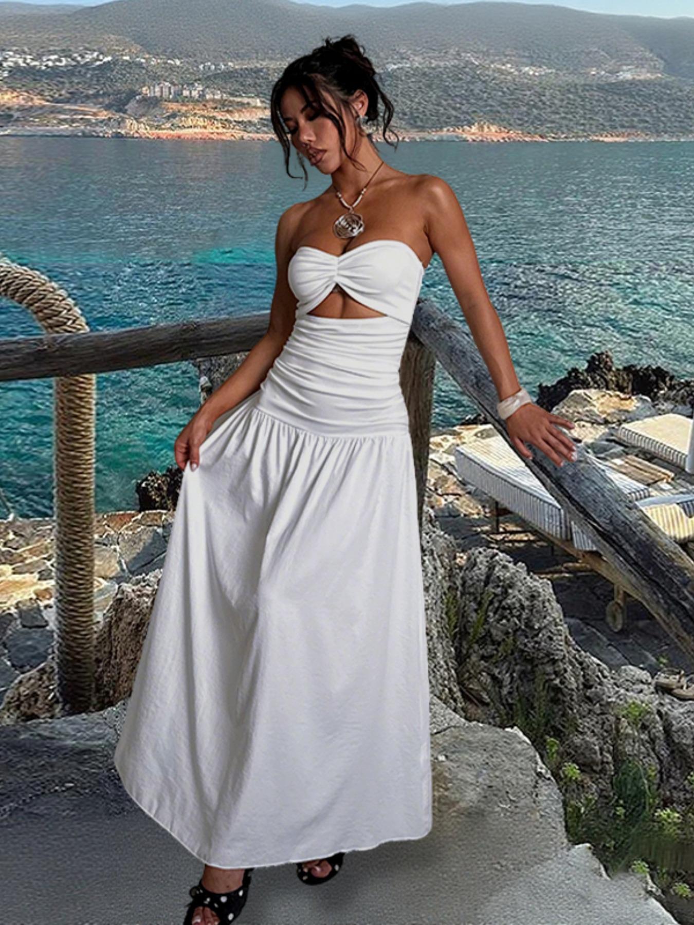 Women's Sleeveless Hollow Out Fitted A-Line Dress, Two Fabric Patchwork Design, Micro-Transparent Material, Beachwear Casual Wear Long Skirt Yj24627pfo