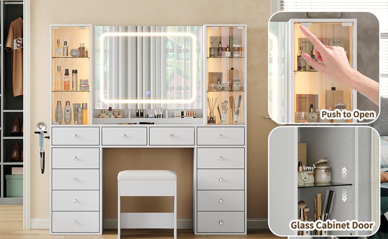 FUSOU 12 Drawers Makeup Vanity with Charging Station, Vanity Desk with LED Mirror & 2 Glass Cabinet, 3 Color Modes, Brightness Adjustable, Glass Top, Dressing Table with Chair for Bedroom (12 Drawers)