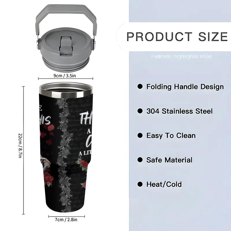 1pc 30oz Stainless Steel Insulated Mug - Gothic Style! Dark Skull and Rose Design - A Must-Have for Hot Girls! Comes with a handle and straw. Suitable for outdoor, sports, and indoor use. Birthday/Holiday Gift - Large Capacity Water Bottle