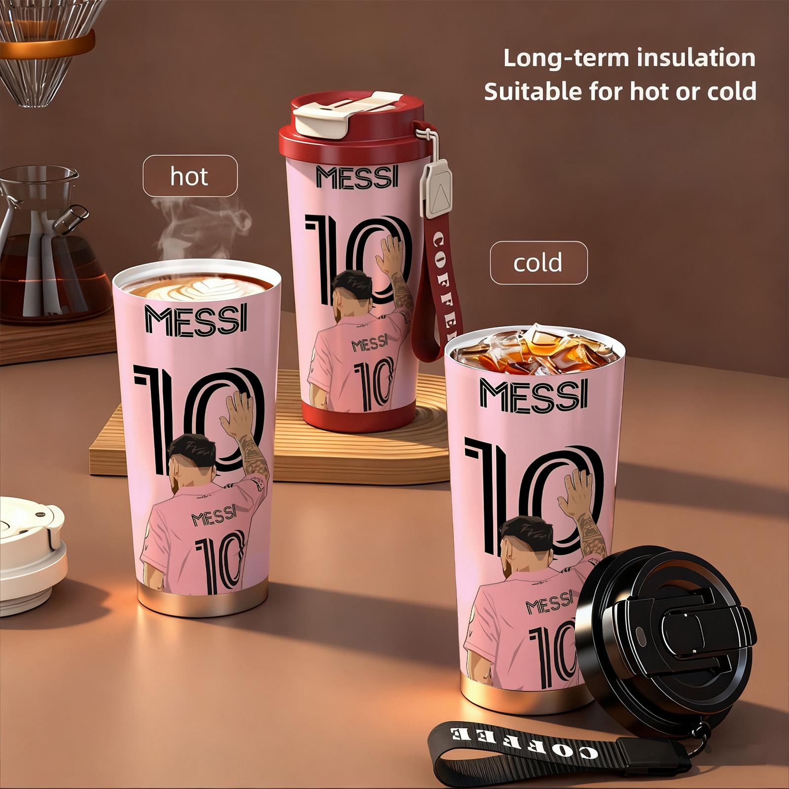 Auracup 18 oz Soccer Vacuum Tumbler, Messi 10 Design Double-Wall Stainless Steel Insulated Mug with Lid and Strap, Leak-Proof Skinny Portable Thermal Cup for Hot and Cold Drinks, Football Fan Coffee Travel Mug