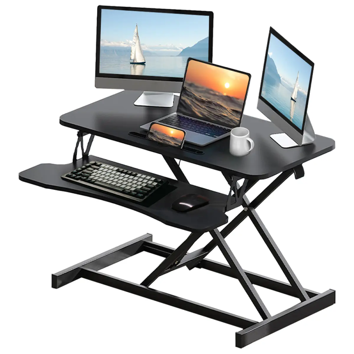 32 Inch Desk Converter, Height Adjustable Sit to Stand Riser, Dual Monitor and Laptop Workstation with Wide Keyboard Tray ( BLACK )
