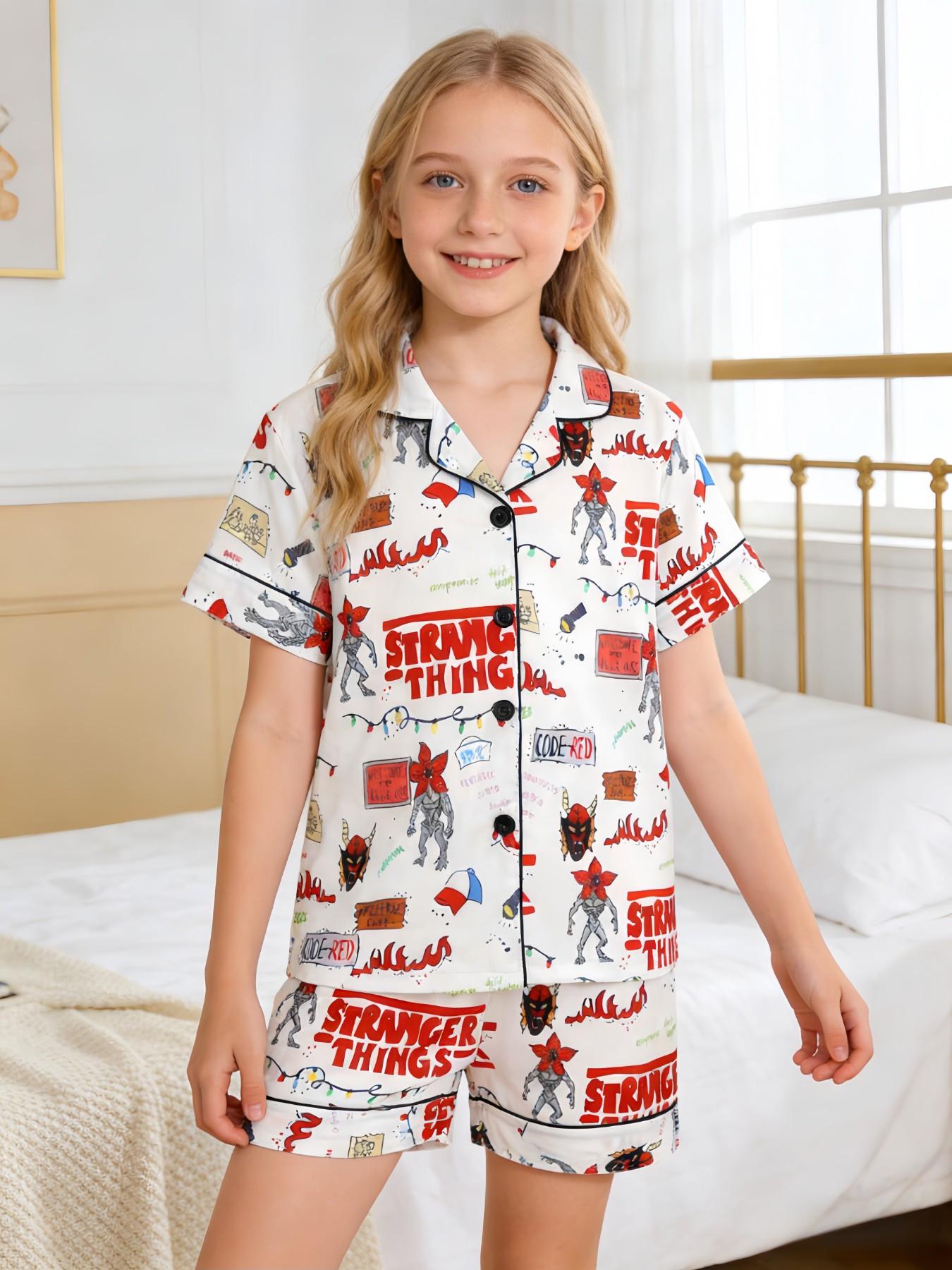 Kids Pajama Set, Cartoon Monster Pattern, Fashion Open-Cardigan Short Sleeve, Flame-Retardant Knit, All Seasons, Party Gift