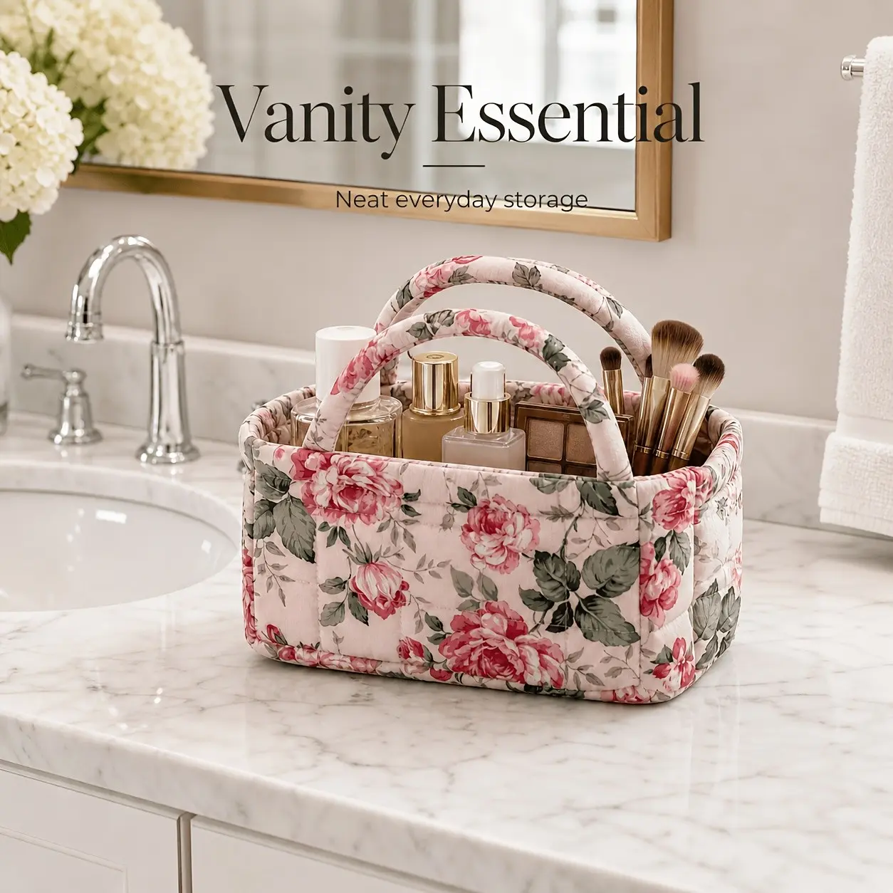 Pink Rose Floral Quilted Fabric Storage Basket, Vanity Cosmetic Organizer with Handles, Soft Padded Makeup & Skincare Storage Bin for Dresser Bathroom, Christmas Gift, Autumn Winter Daily Essential, Great Gift Idea