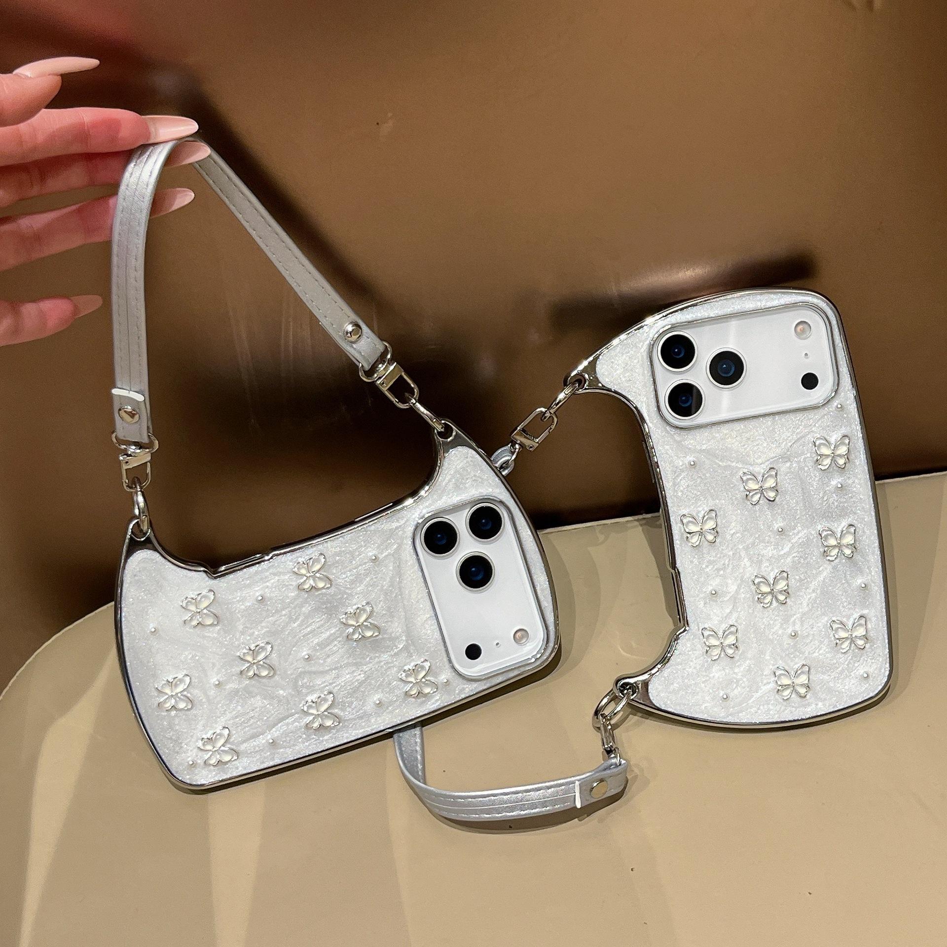 (Case & Nova) Luxury Drip Glaze Mini Handbag-Shape Chrome Case, Electroplated Frame, Pearl Butterfly Decor, Detachable Strap/Wrist Strap, Anti-Drop Shockproof Slim Hard Cover for iPhone 17 Pro Max,16,15,14,13,12,11 Cute Mobile Phone Accessory, Silicone Sh