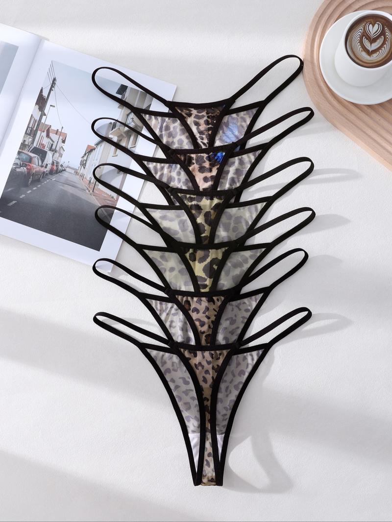 Women's Leopard Print Thongs, Drop Waist Knicker, Low-Waist Thin Mesh Underwear Set (6pcs), Casual Fitted Design, All-Season Comfortable Lingerie
