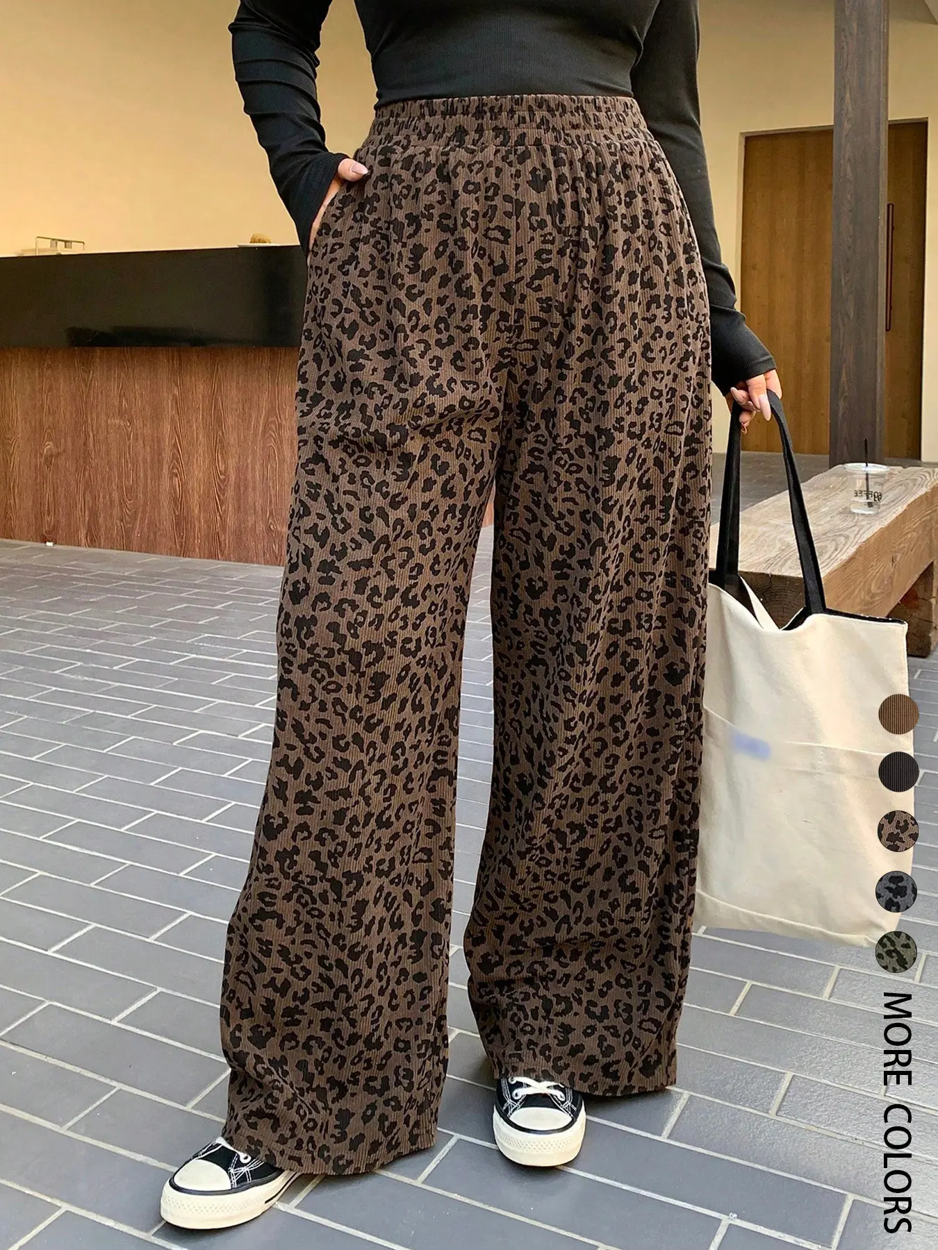【Black Friday】Women's Casual Oversized Leopard Print Elastic Waist Corduroy Loose Fit Pants, Comfortable and Stylish, Perfect for Daily Wear, All Season, Back To School Clothes