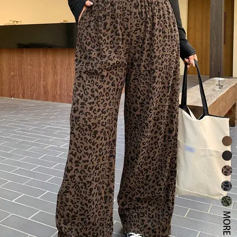 Women's Casual Oversized Leopard Print Elastic Waist Corduroy Loose Fit Pants, Comfortable and Stylish, Perfect for Daily Wear, All Season, Back To School Clothes #GLOBAL PICKS
