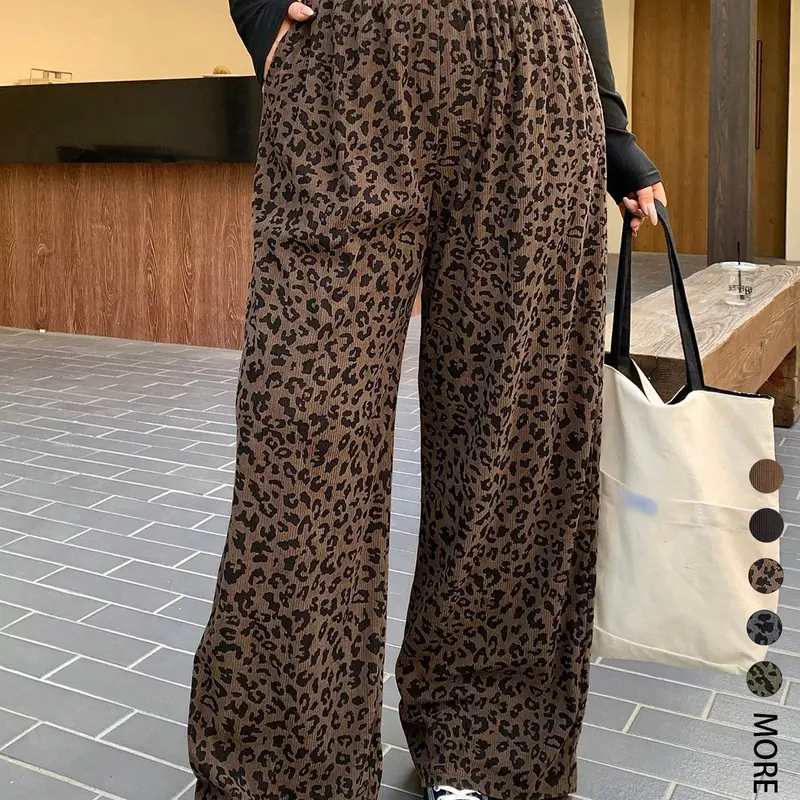 Women's Casual Oversized Leopard Print Elastic Waist Corduroy Loose Fit Pants, Comfortable and Stylish, Perfect for Daily Wear, All Season, Back To School Clothes #GLOBAL PICKS