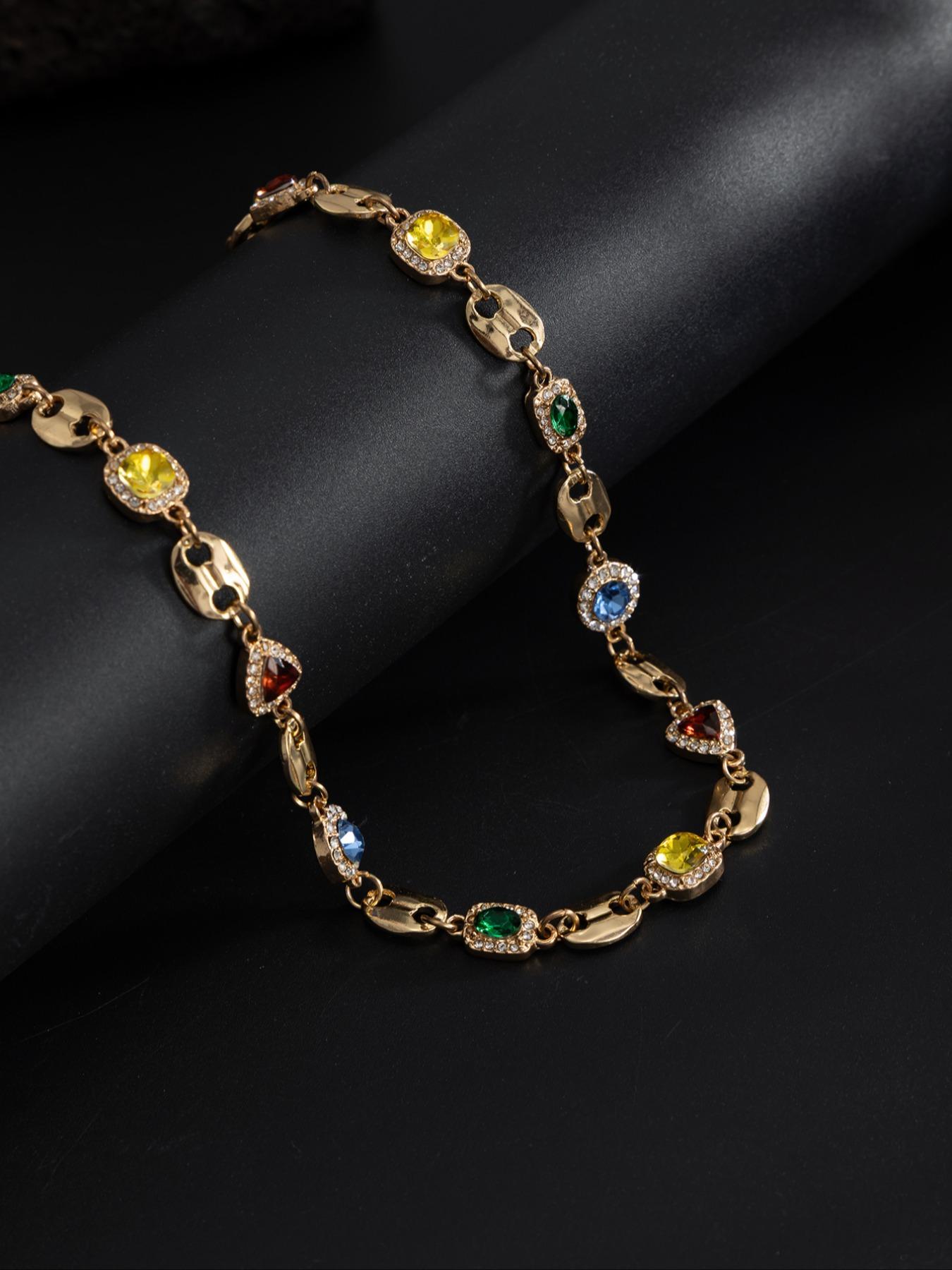 Men's Colorful Gemstone Necklace with Rhinestones, Elegant Rhinestone Necklace, Casual Jewelry for Daily Wear, Party & Holiday Accessories