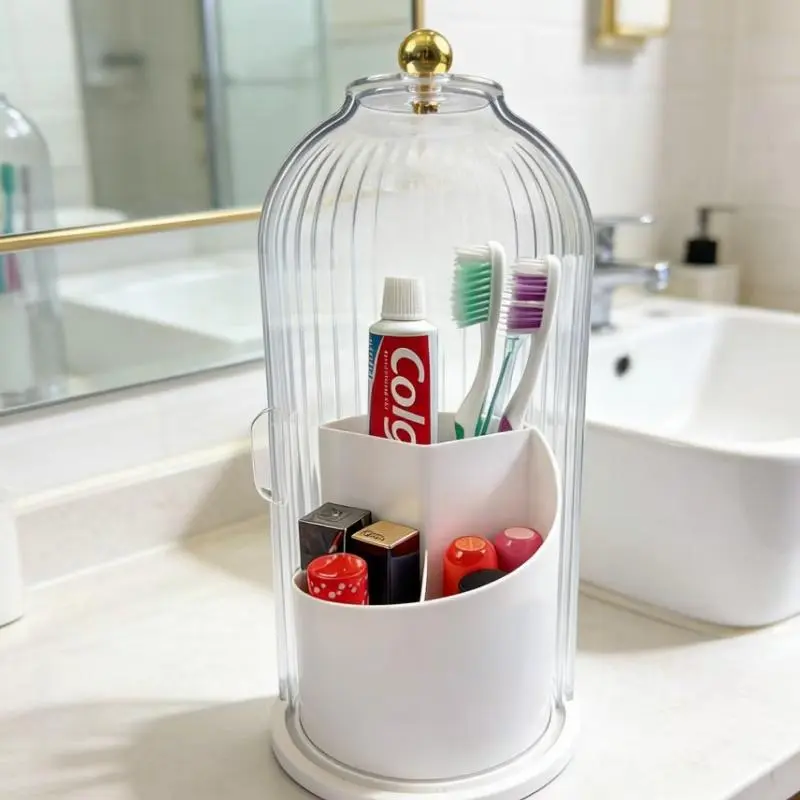 Dustproof Toothbrush Holders with Cover, Rotating Electric Toothbrush and Toothpaste Holder for Bathroom Countertop,3 Slots Makeup Brushes Organizer,Vanity Organizer,Tooth Brush Holder for Bathroom,Toothbrush Case,Makeup Organizer,Home Essential