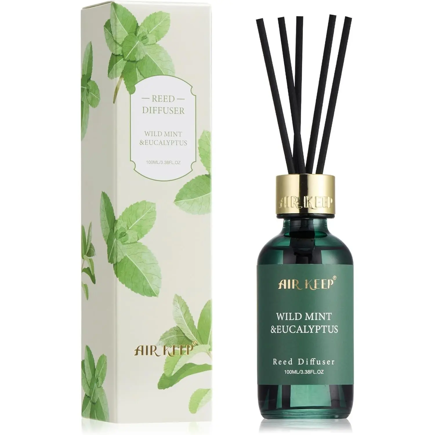 Reed Diffuser Set 3.38 fl oz 100 ml Wild Mint & Eucalyptus Oil Diffusers with 8 Reed Sticks Home Fragrance Reed Diffuser for Bathroom Shelf Decor