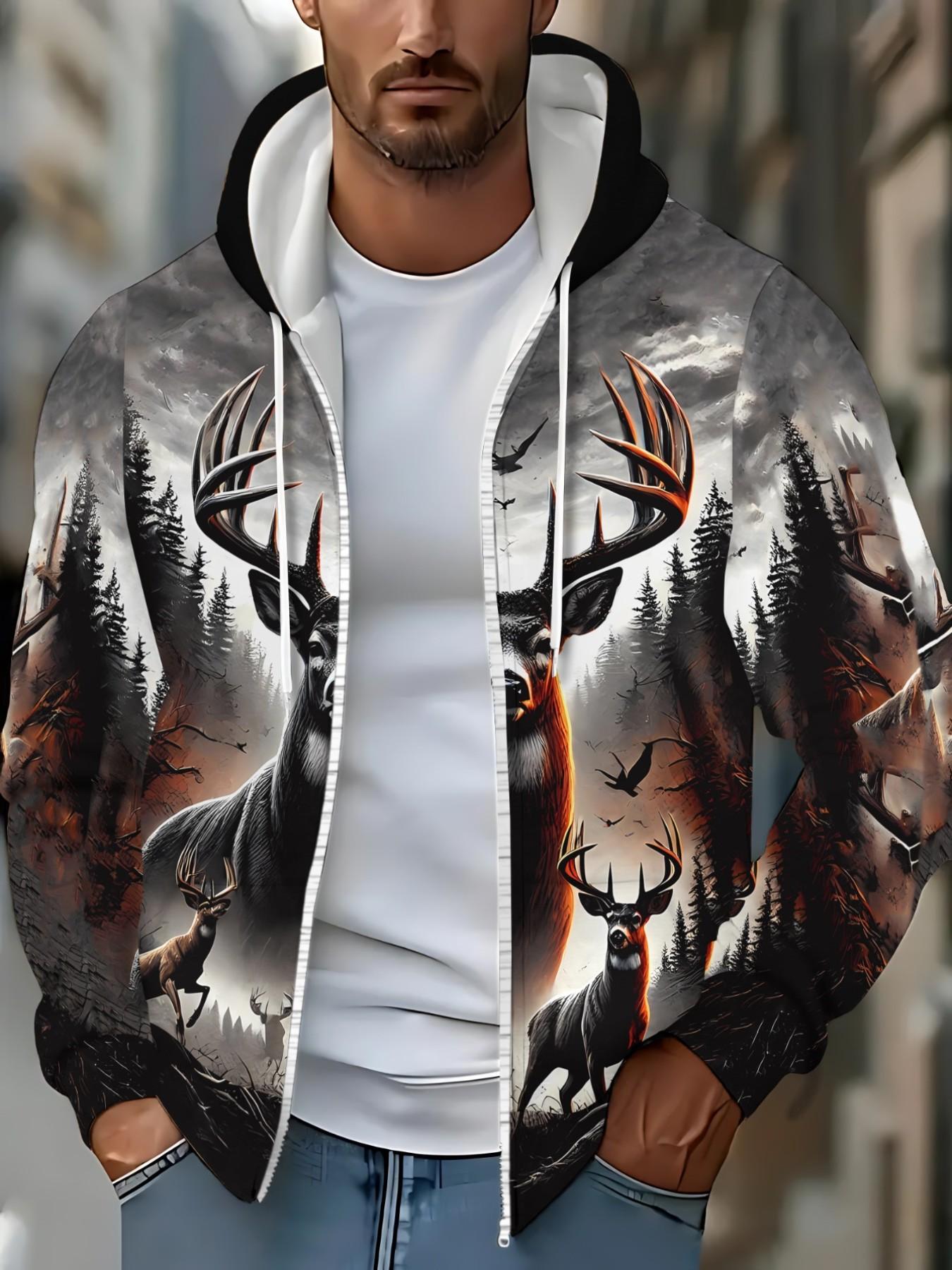 Vintage Wild Forest Reindeer Print Sweatshirt, Drawstring Zipper Hoodie, American Motorcycle Street Style, Loose Fit Long Sleeve Top