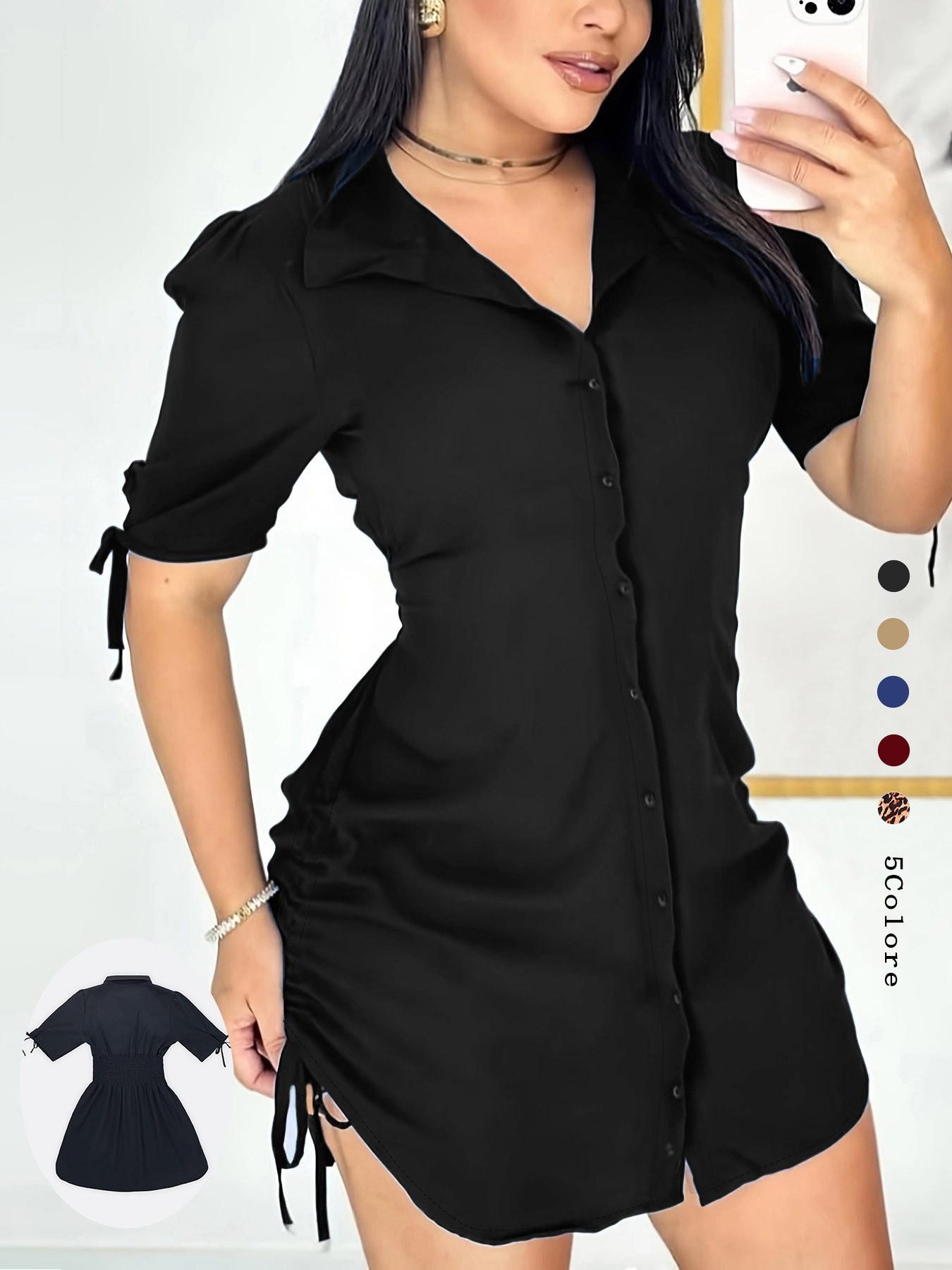 Women's Solid Color Shirt Collar Button Front Dress, Casual Short Sleeve Curved Hem Dress for Daily Wear, Ladies Clothes for Spring & Fall Women's Solid Color Shirt Collar Button Front Dress, Casual Short Sleeve Curved Hem Dress for Daily Wear, Ladies Clothes for Spring & Fall