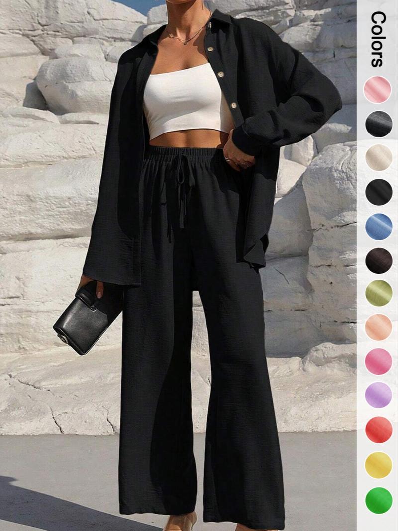 Women's Solid Button Front Shirt & Wide Leg Pants Set, Casual Two-piece Set, Women's Spring & Fall Clothes for Daily Wear, Casual Lounge Set