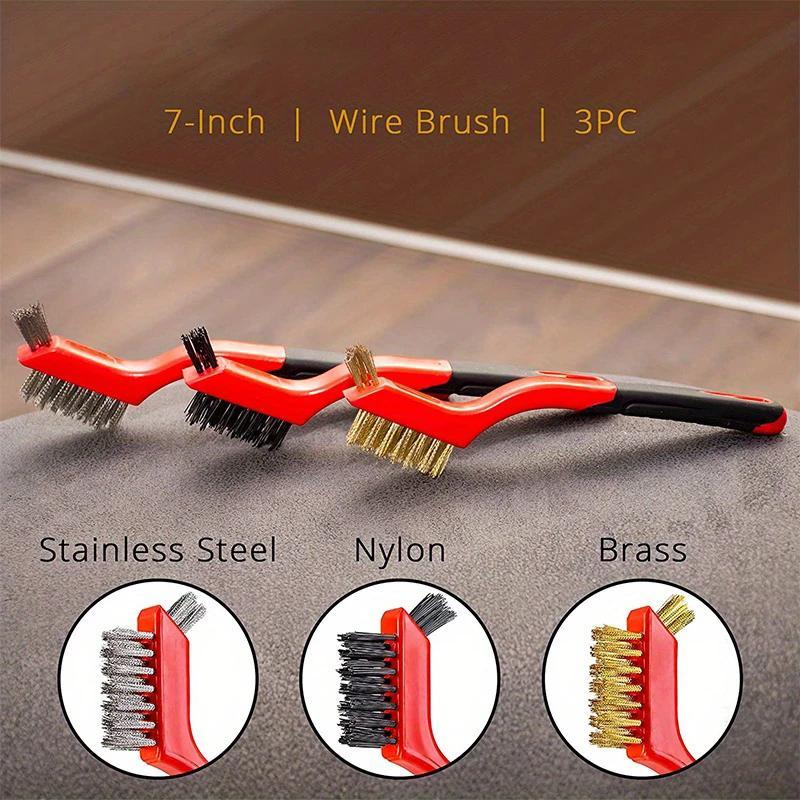 3-Piece Bent Handle Steel Wire Brush Set, Deep Clean Rust & Paint, New Stove Household Cleaning Brush, Stainless Steel Copper Bristle Brushes, Cleaning Supplies
