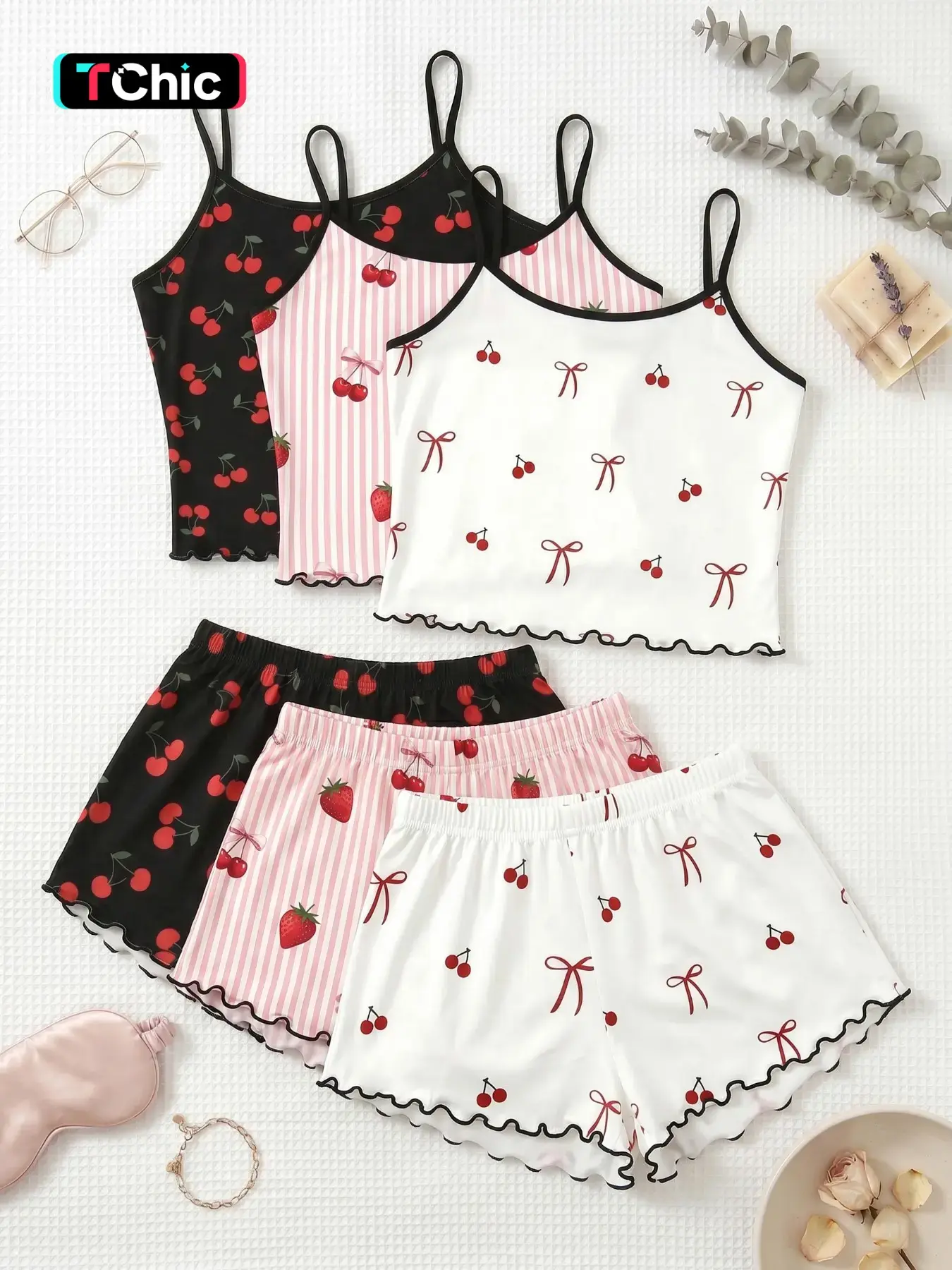 3-Piece Pajama Set, Bow Cherry Print Sleeveless Spaghetti Strap Tank Top & Shorts, Trim Ruffle Design, Sweet Cool Girl Style, Breathable Home Sleepwear