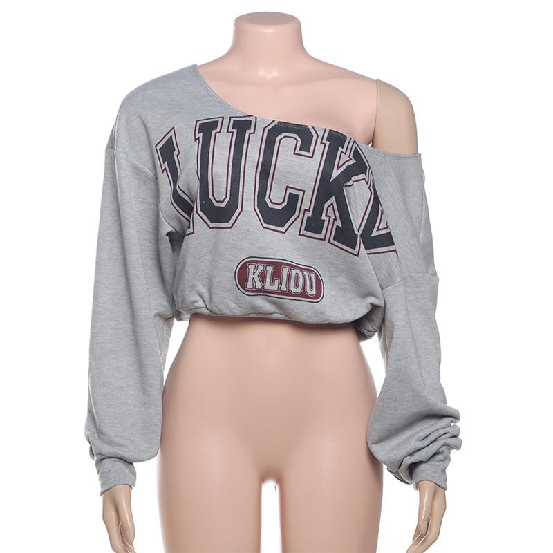 DOUCIU  Trendy Personality High Street Cool Hip-Hop Versatile Women'S Letter Printing Cross-Shoulder Long Sleeves Short Crop-top T-Shirt