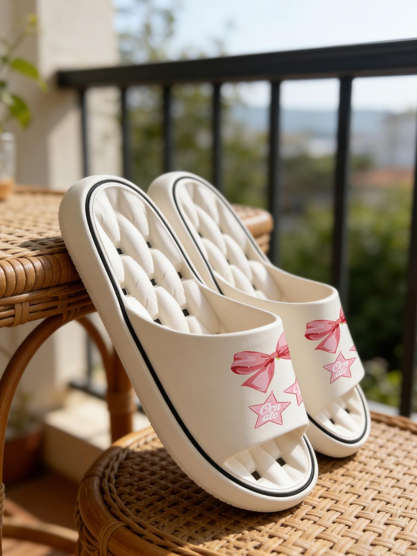 1 Pair Pink Bow Star Themed Printed Hollow Massage Thick Sole Slippers, Sweet Girl Style, Non-slip Soft Sole, Quick-dry for Bathroom, Indoor & Outdoor Dual-use, Open Toe Slides, Bathroom Casual Slippers