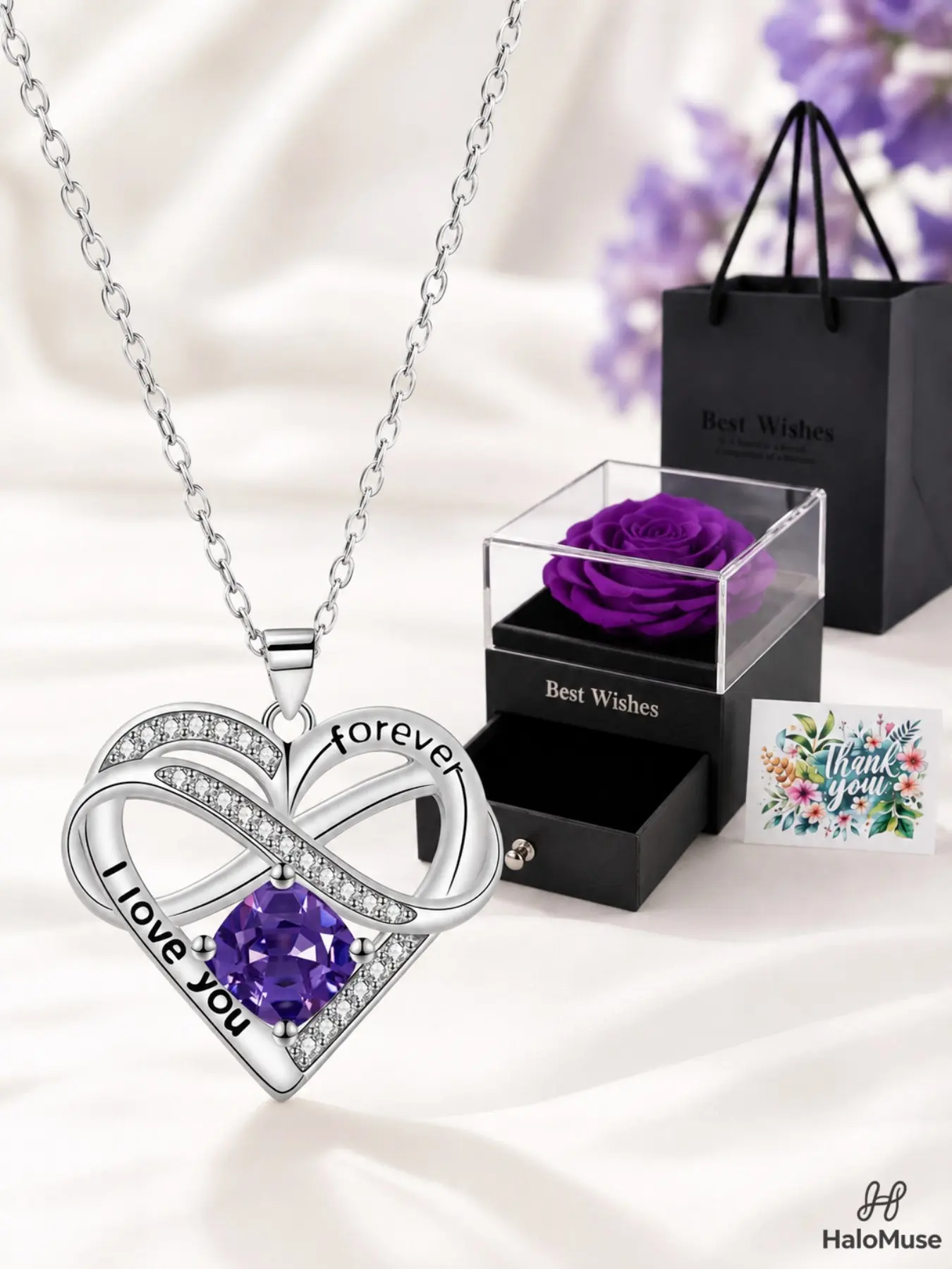 Halo Muse Heart Necklace Gift Set, Romantic I Love You Forever Crystal Pendant, Three Color Gems, Rose Box, Perfect for Birthdays, Anniversaries, Valentine's Day