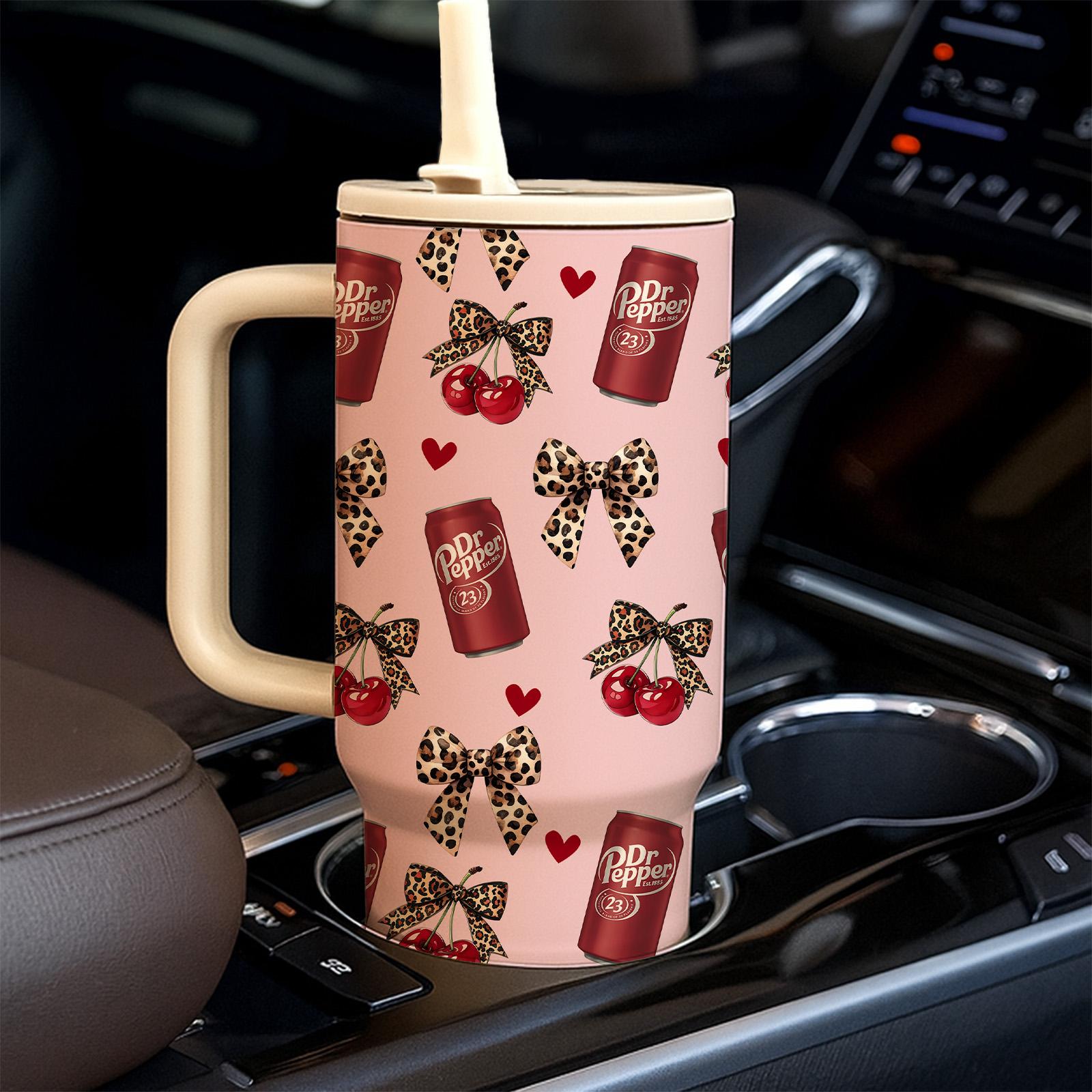 Siphalo 40oz Vacuum Cup with Handle & Straw, Double-Wall Stainless Steel Insulated Tumbler, Tumbler with Lid, Leak-Proof Thermal Mug That Keeps Drinks Hot for 12 Hours & Cold for 24 Hours, Cherry Soda Heart Pattern, Valentine's Day & Birthday Gift