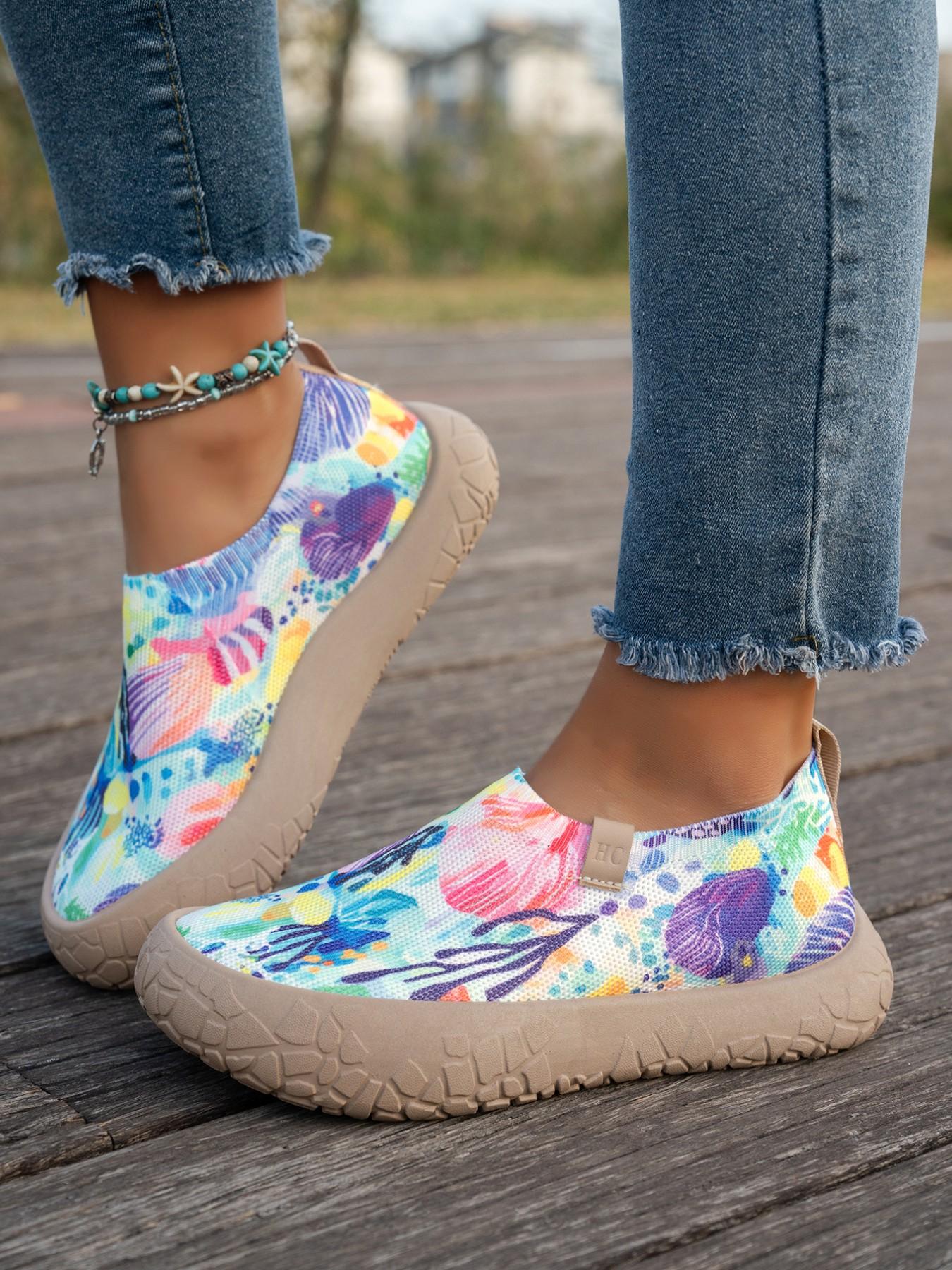 Tropical Coral Floral Print Slip-On Shoes, Breathable Mesh Elastic Lazy Shoes, Anti-Slip Thick Sole Beach Casual Footwear, Casual Lifestyle Footwear