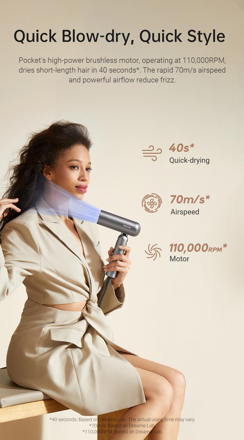 【Black Friday】DREAME Pocket Styling High Speed Hair Dryer Folding Travel Quick Dry Home Curly Hair Negative Ion Hair Dryer Blowdryer Hairdryer Fast Drying