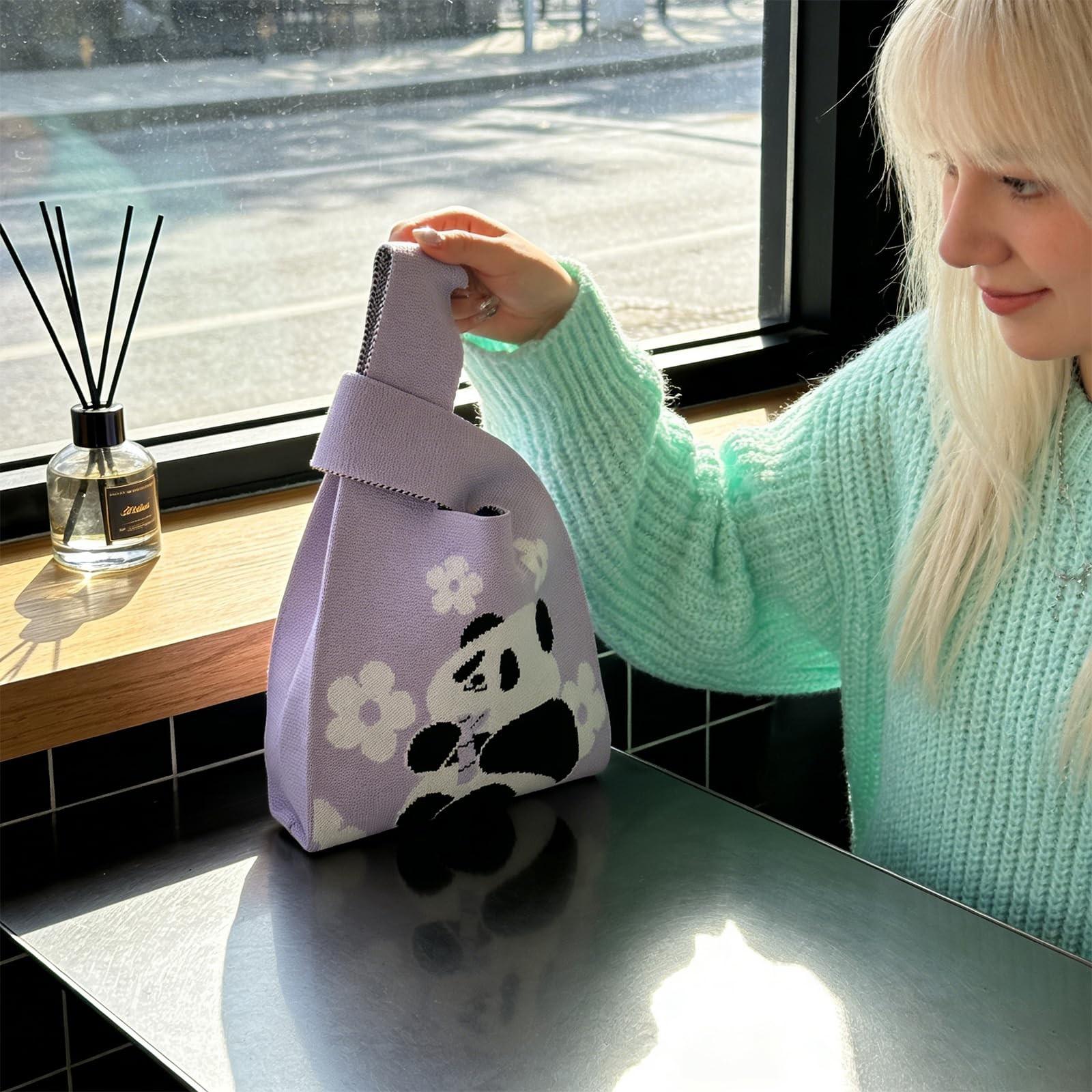 Cute Panda Pattern Handbag, Durable and Fashionable Knit Bag, Suitable for Women, Beach Bag, Makeup Bag, Crochet Bag