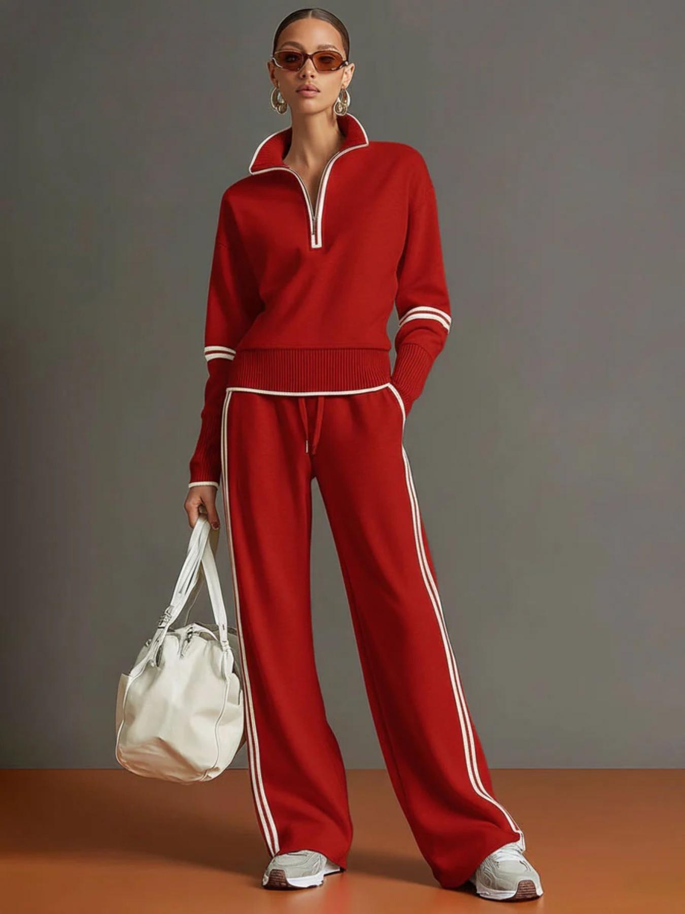 2026 New Casual Sports Set, European and American Fashion Style, Colorblock Stand Collar Sweatshirt, Wide Leg Pants Two Piece Set
