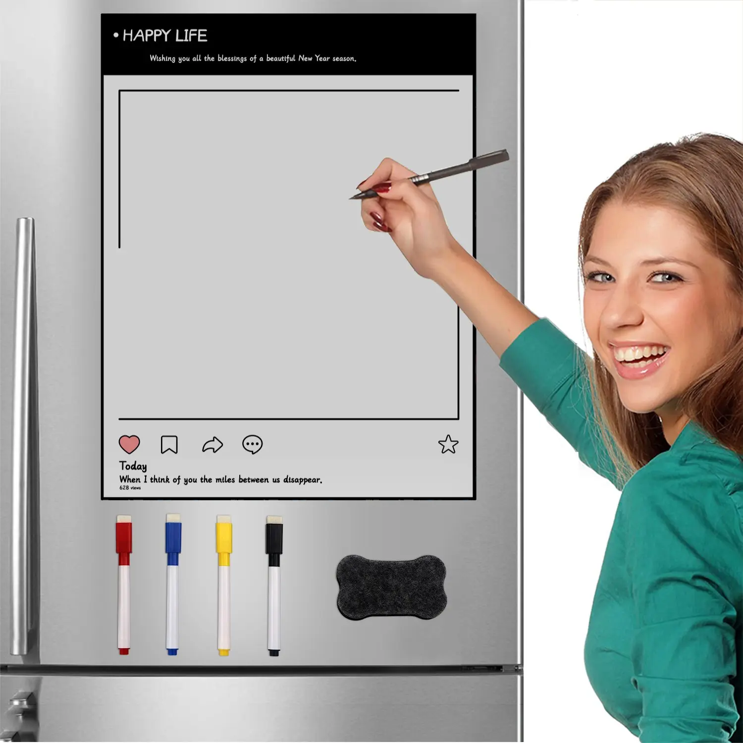 Magnetic Refrigerator Whiteboard Sticker, Happy Life Theme, Waterproof and Anti-Dirty, Simple Design, Ideal for Beautifying Your Fridge