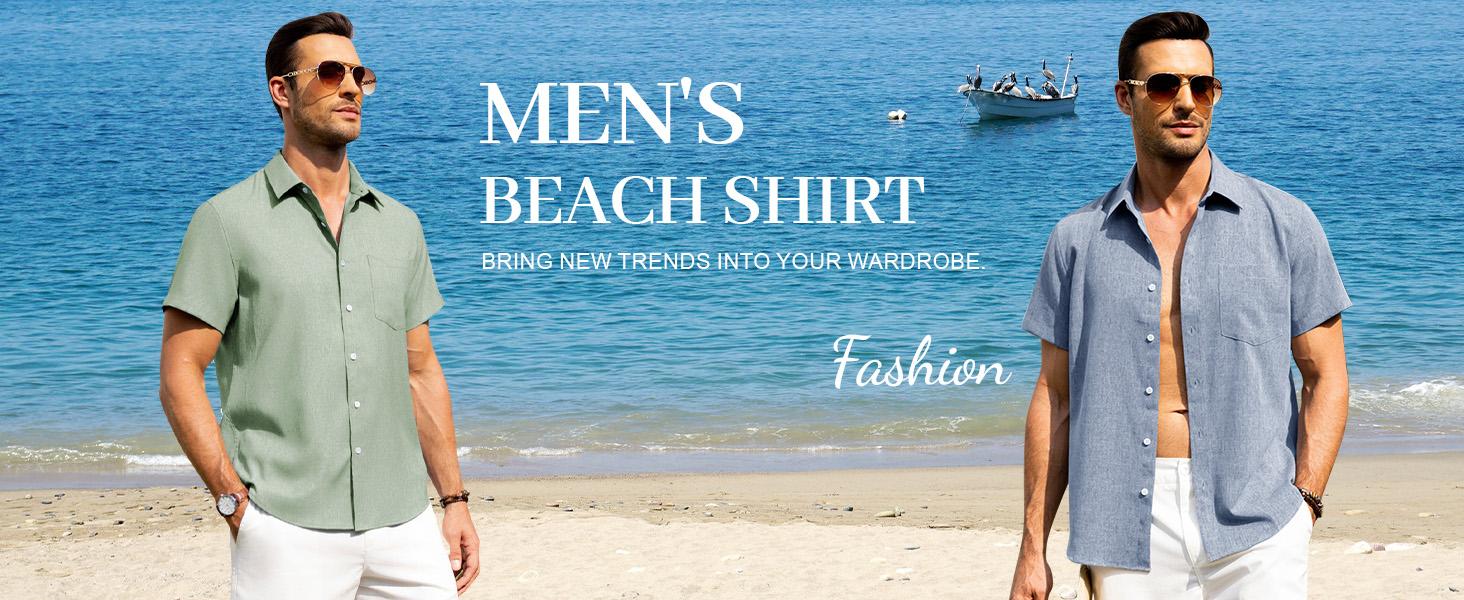 Alimen Men's Linen Shirts Short Sleeve Dress Shirts for Men with Pocket Vacation Beach Summer Party Wedding Casual Button Down Shirts, Lightweight Breathable Comfort Soft Fabric Spread Collar Linen Shirts for Men #FathersDayGift #DealsForYouDays