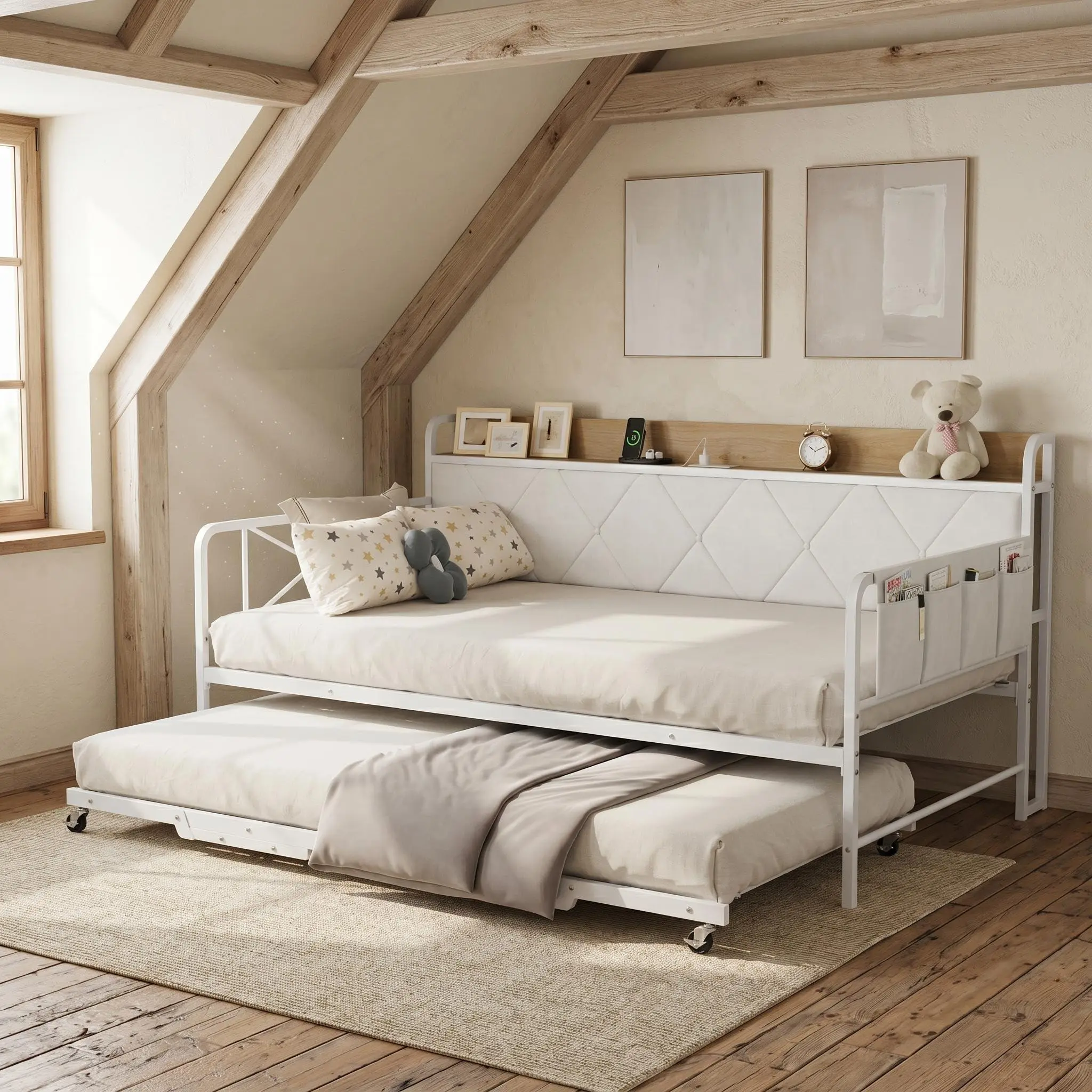 GARVEE Twin Daybed with Trundle Pop Up, Upholstered Day Bed Frame with LED Lights & Charging Station, Metal Sofa Bed with Storage Headboard, Twin to King Expandable Guest Bed for Living Room Bedroom, White