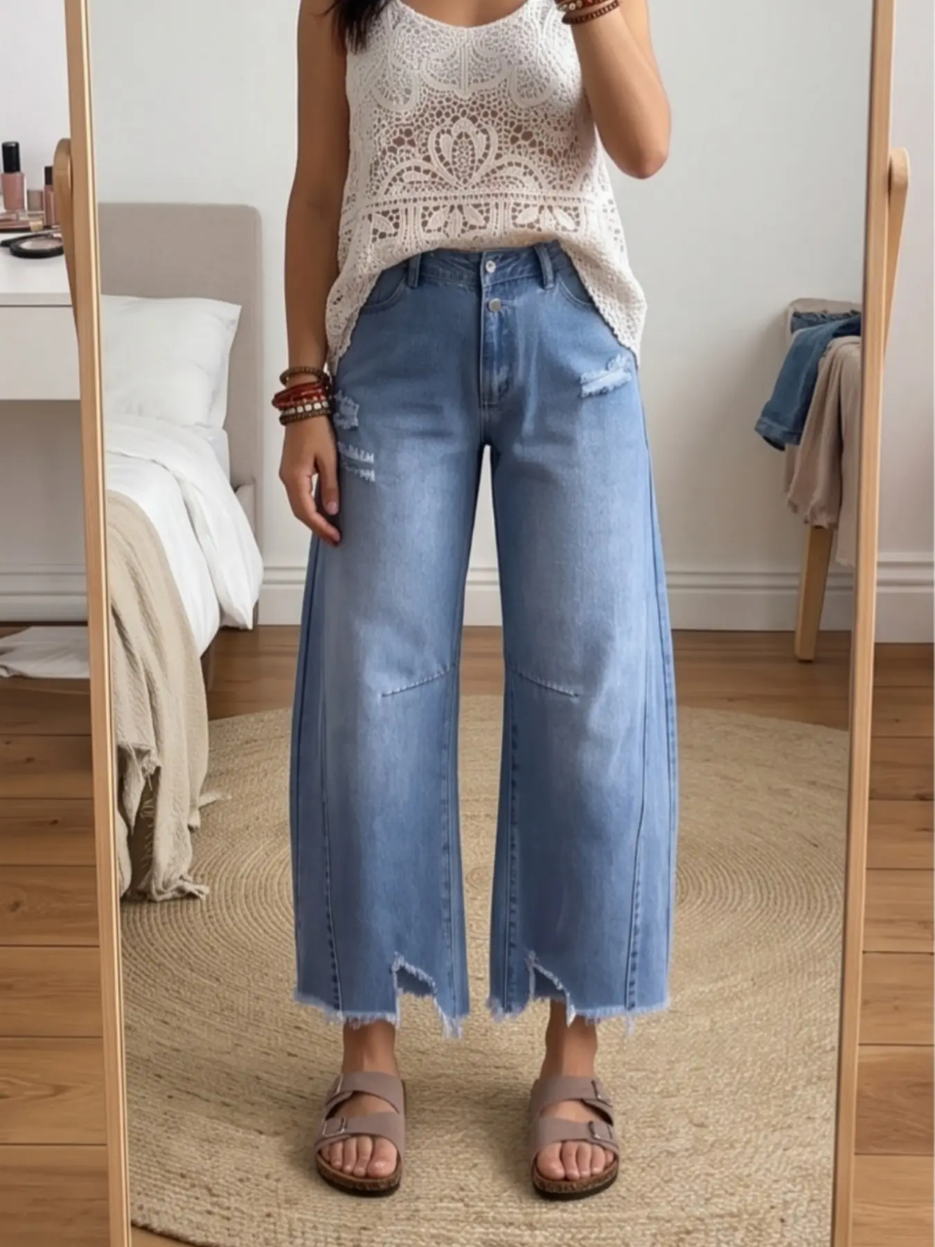 Unity Boho Bohemian High Waist Capri Jeans, Fringed Edge Button Fly, Solid Denim, Casual All-Seasons, Trendy Ripped Design for Daily Wear