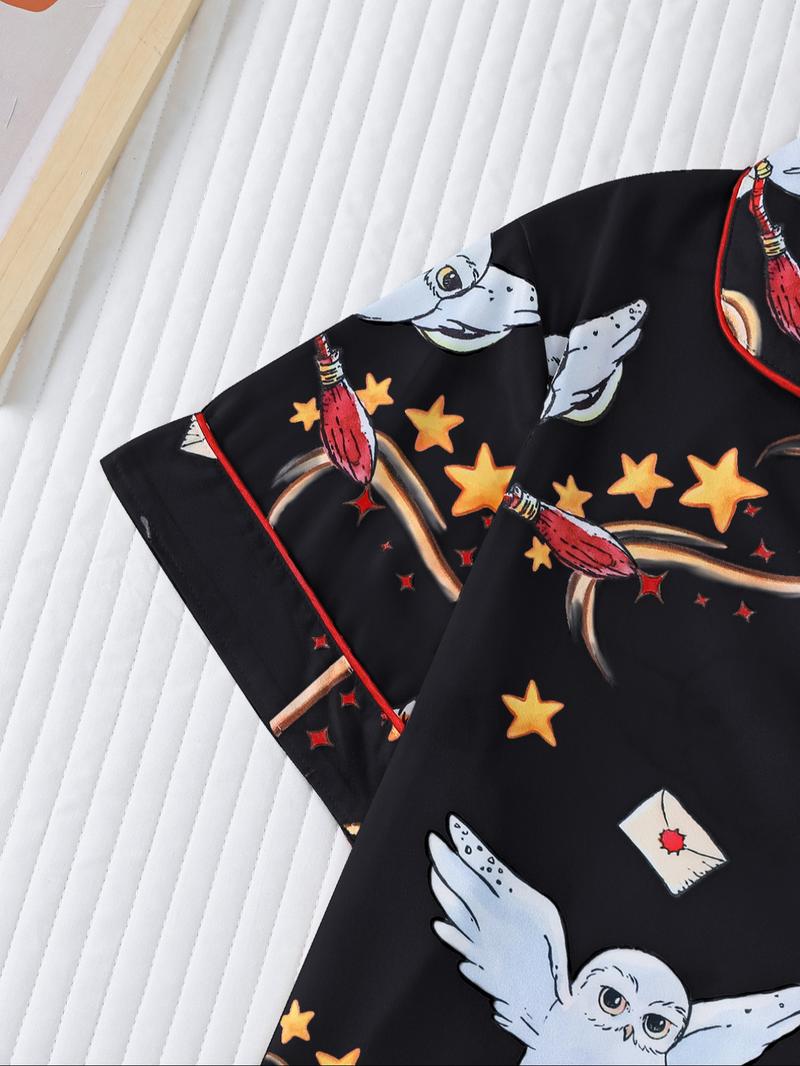 Women's Owl Print Short Sleeve Top & Elastic Waist Shorts Pyjama, Casual Comfy T-shirt & Shorts PJ Set, Ladies Sleepwear for Summer, Loungewear, Pajama Set