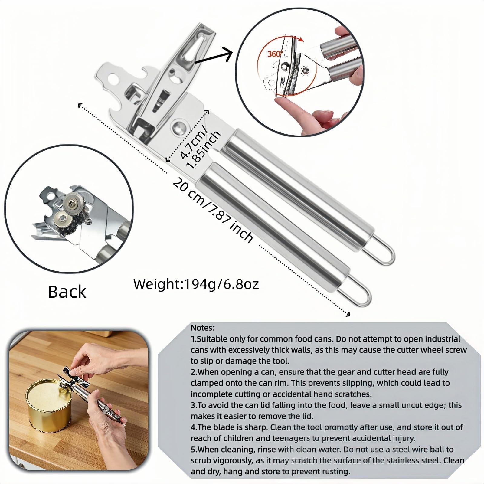 Stainless Steel Manual Can Opener, 3-In-1 Multifunctional, High-Carbon Steel Cutting Wheel, Ergonomic Handle, 7.28 Inch, for Food Cans and Bottles