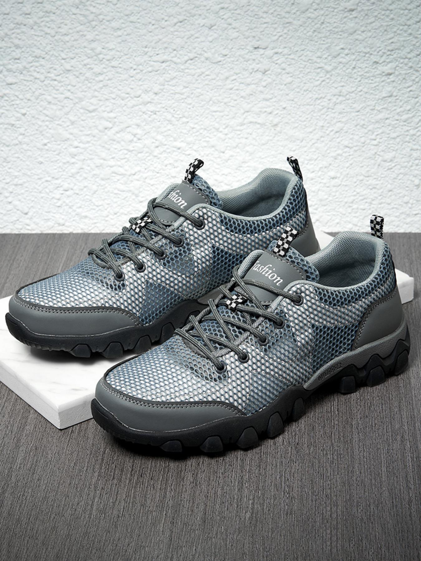 Men's Solid Color Mesh Breathable Outdoor Hiking Shoes Lace-up Closed-toe Trekking Shoes Non-slip Wear-resistant Casual Sneakers