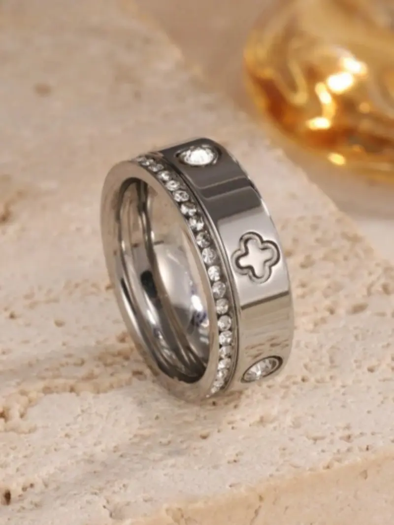 2pcs Stainless Steel 18K Gold Plated Four-Leaf Clover Rings, Couple's rings Elegant Hoop Jewelry For Women, Elegant Fashion Rings, Suitable For Daily Wear And Gift