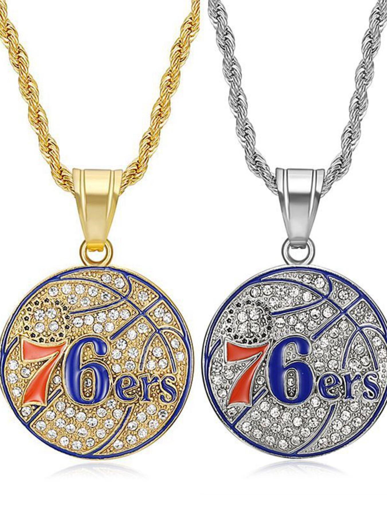 Titanium Steel Philadelphia 76ers Team Rhinestone Pendant Necklace, Vacuum Plated Hip Hop Style, Unique Personalized Jewelry