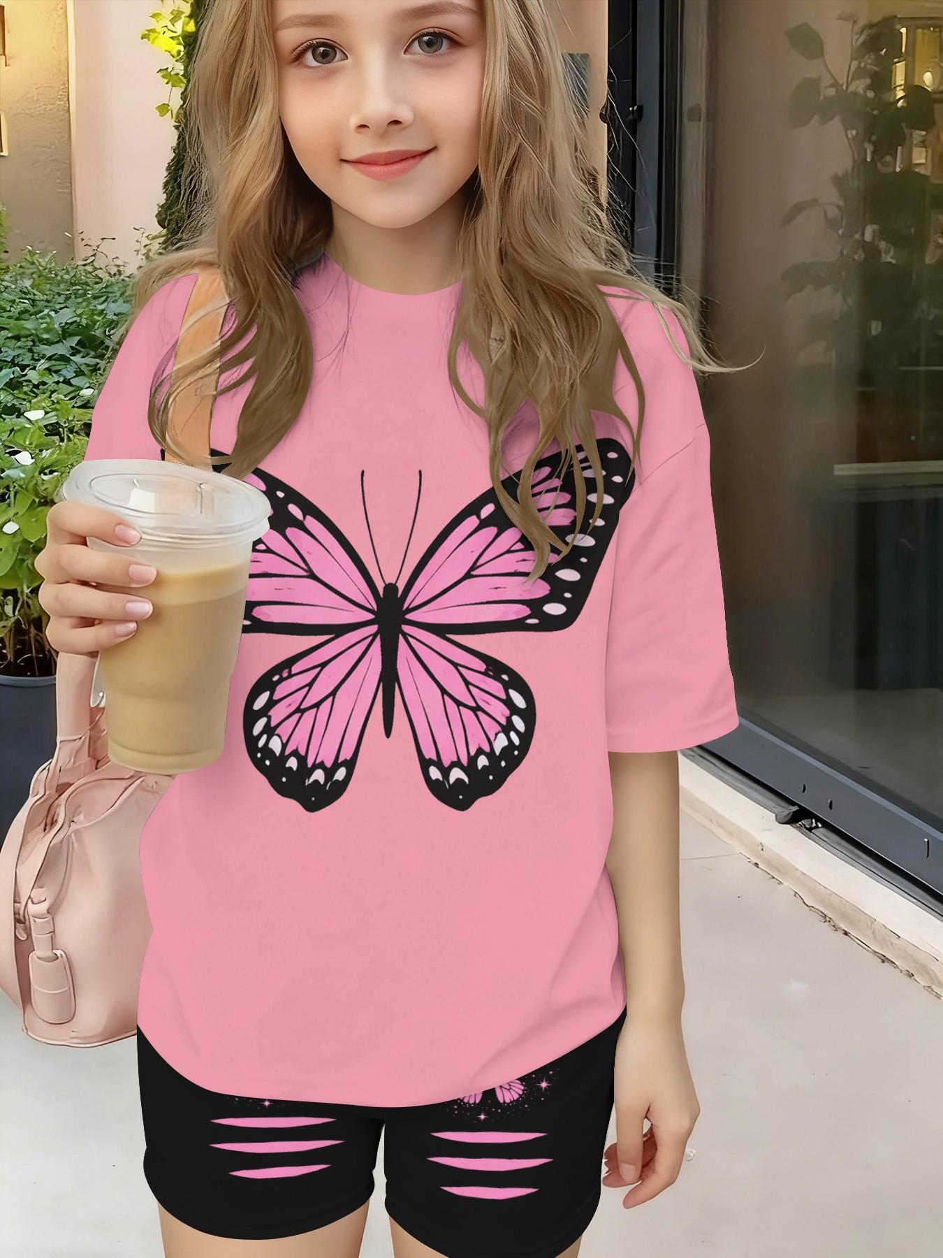 Dopamine Girls Pink Butterfly Print Short Sleeve Biker Shorts Set Summer Energetic Streetwear 2Pcs