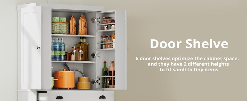 【2 Packages Shipping】IRONCK Kitchen Pantry Cabinet 72" Height, Freestanding Cupboard with Drawer, Sliding Storage Rack, and 6 Hanging Shelves for Dining Room, Laundry