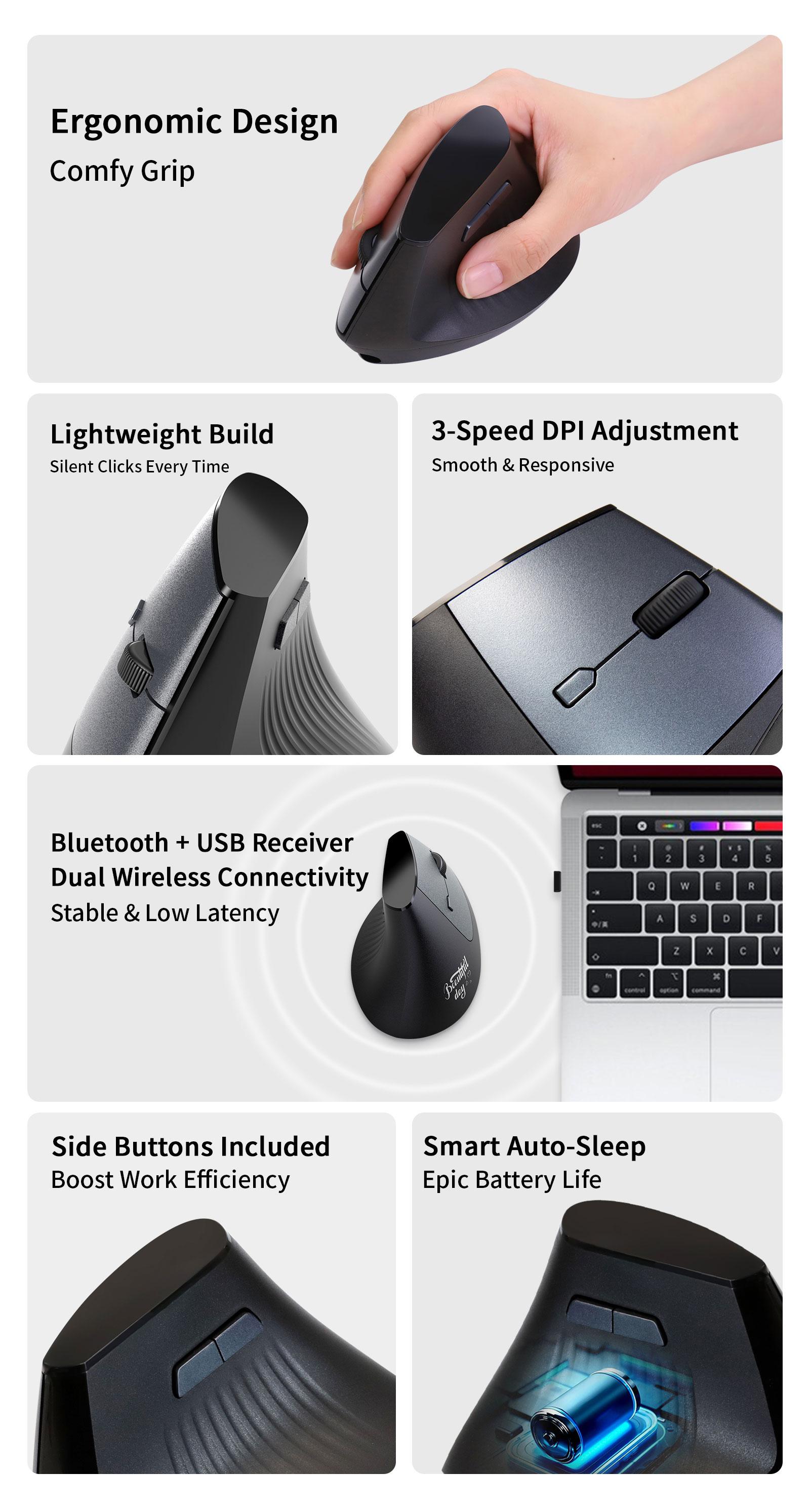 Mofii M11 Dual-Mode Rechargeable Vertical Mouse, Ergonomic Wireless Office Mouse, Classic, Wrist Support, Universal for Tablets Laptops Desktops